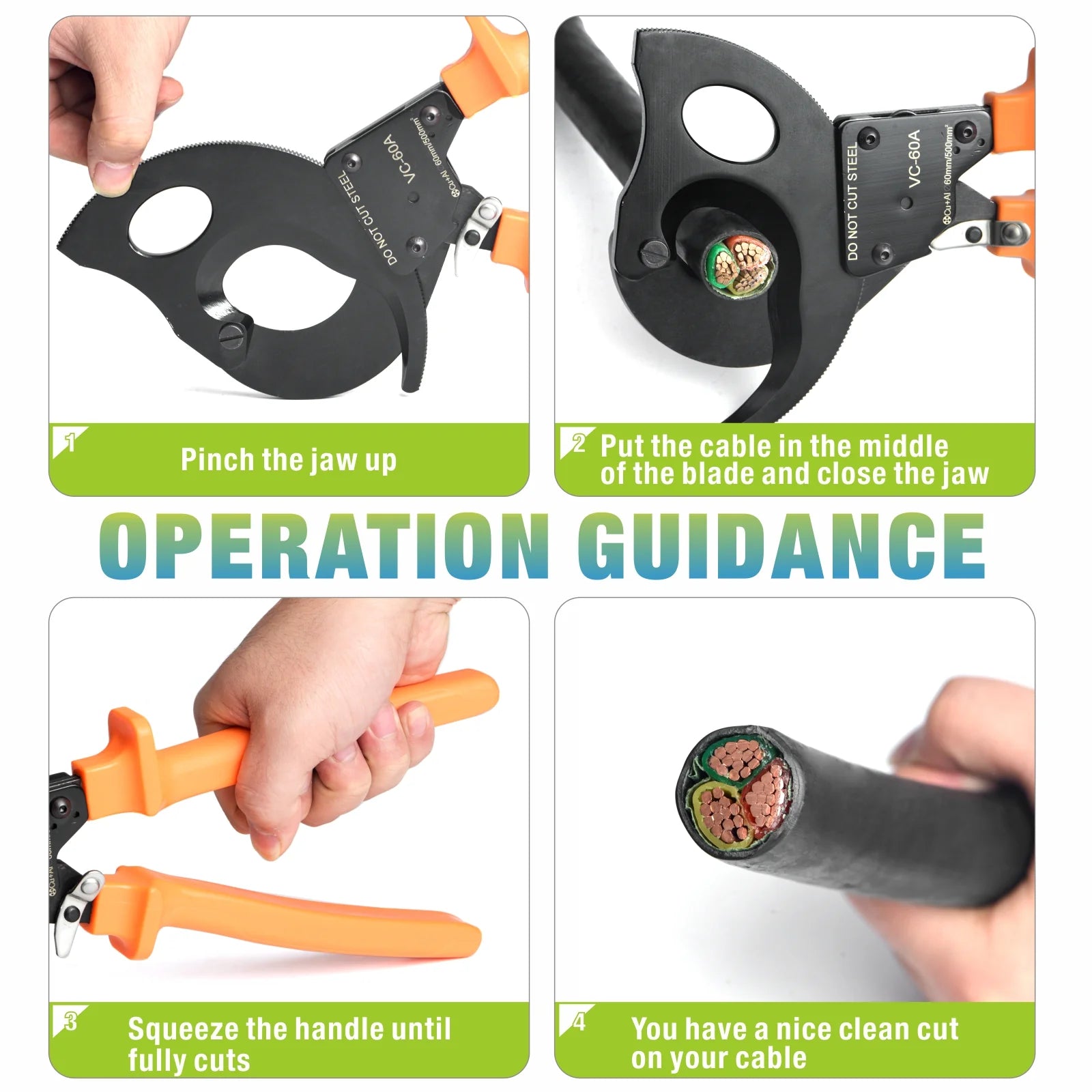 VC 60A Ratchet Cable Cutter - Heavy Duty Copper & Aluminum Wire Cutter for 1000MCM/60mm Diameter Cables (500mm²) - Ideal for Electrical Work, Industrial Wiring & DIY Projects