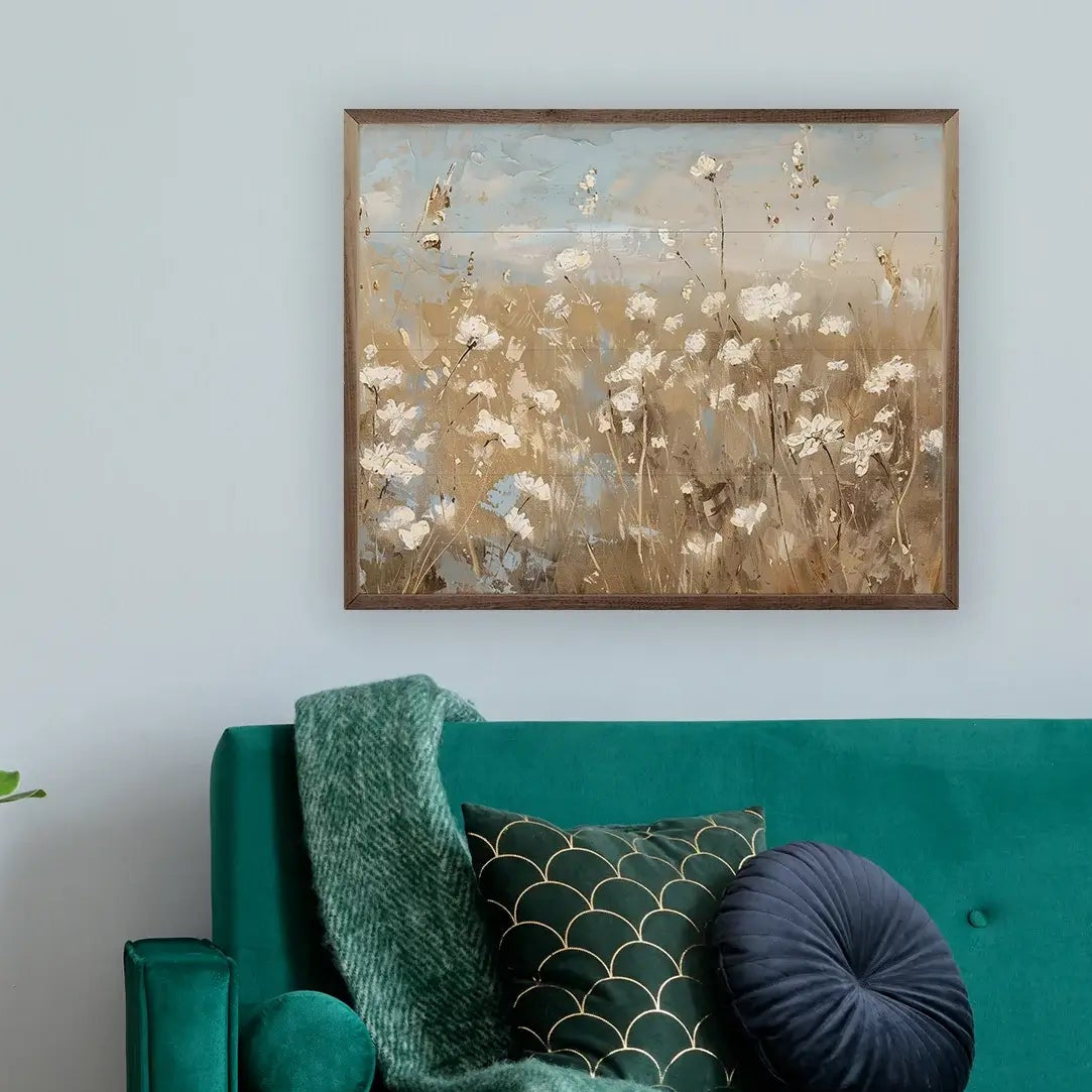 Abstract White Flower Field Wood Framed Print - Modern Wall Art for Living Room, Bedroom & Office Decor