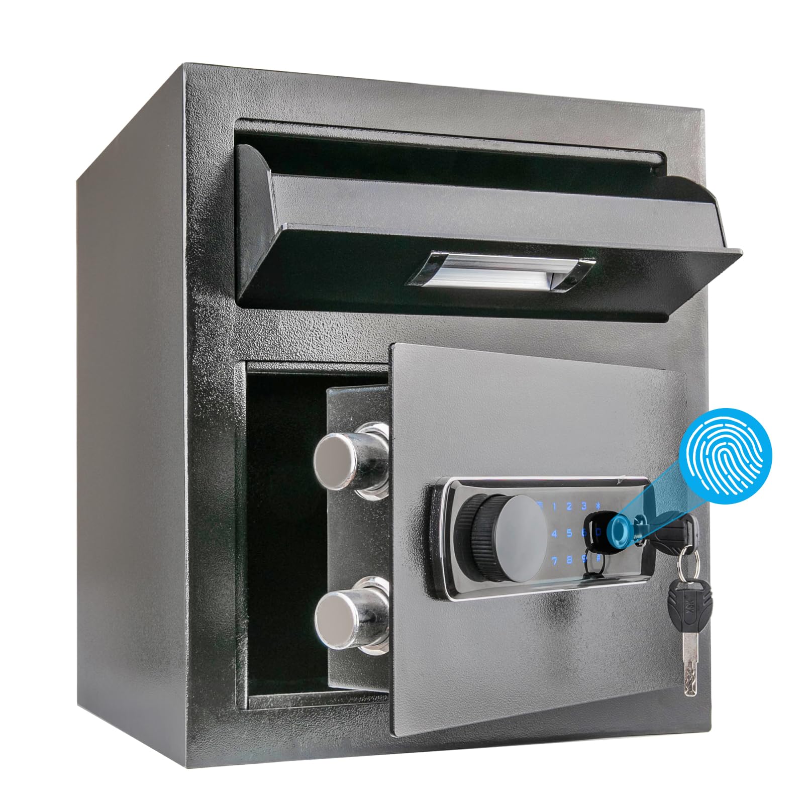 2 Cub Biometric Fingerprint Safe Box with Digital Touch Screen Keypad - Front Loading Drop Slot for Cash, Mail & Valuables - Ideal for Home, Office & Retail Security Protection
