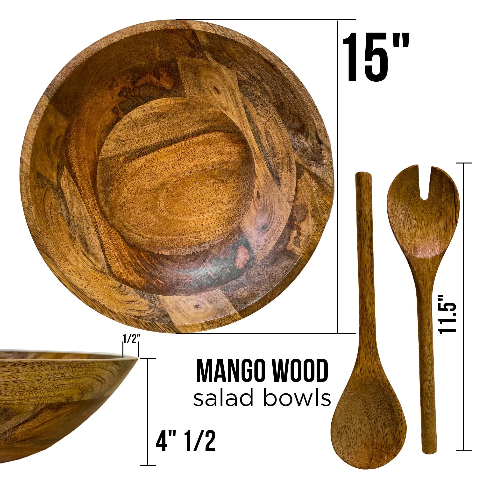 Premium 15 Inch Extra Large Wooden Salad Bowl Set with Serving Utensils - Natural Mango Wood Serving Bowl & Servers for 9 Side Salads | Perfect for Family Dinners, Parties & Entertaining Guests