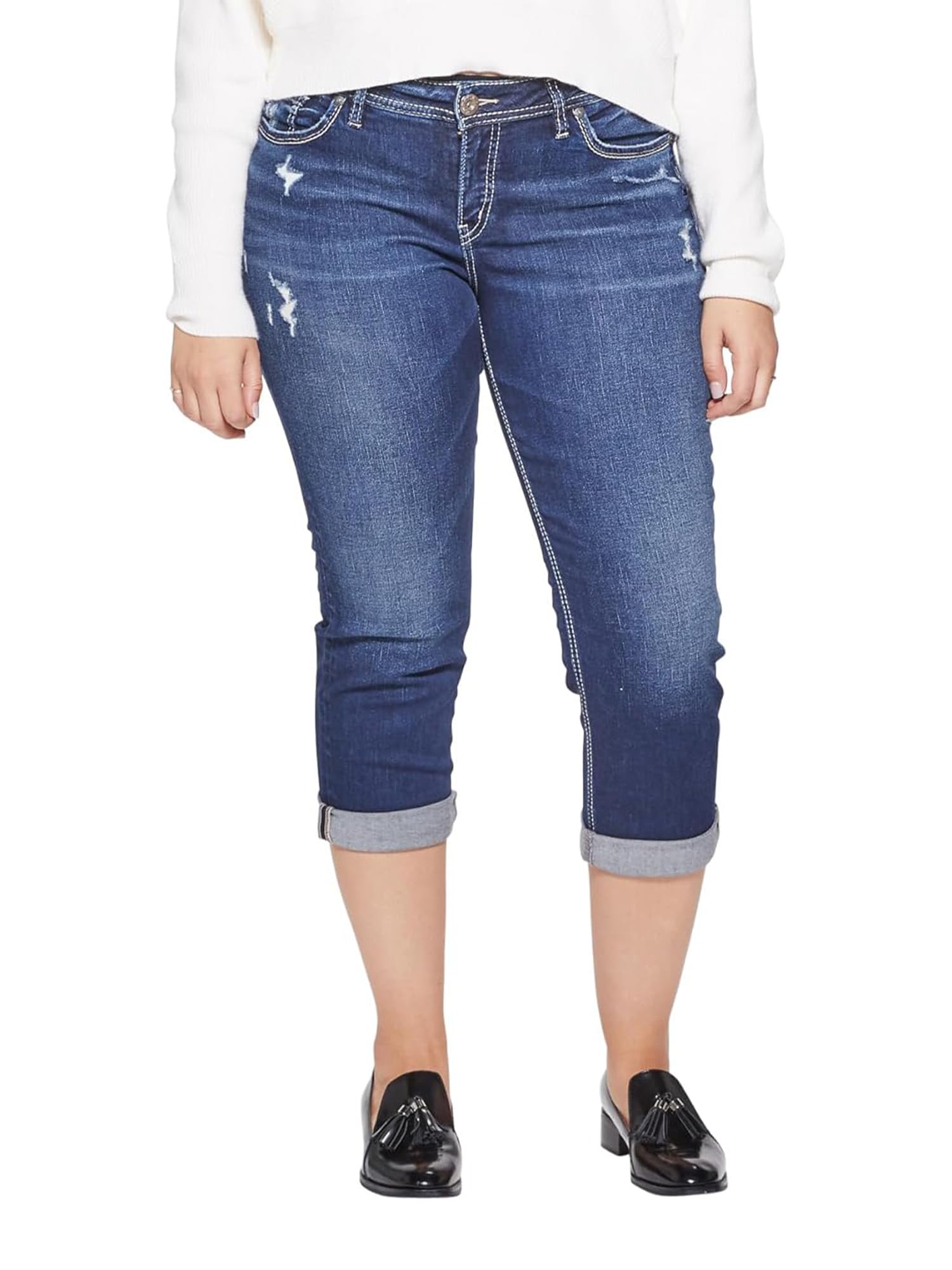 Silver Jeans Co. Women's Plus Size Suki Mid Rise Curvy Fit Capri Jeans - Comfortable Stretch Denim Pants for Casual Wear & Everyday Outfits