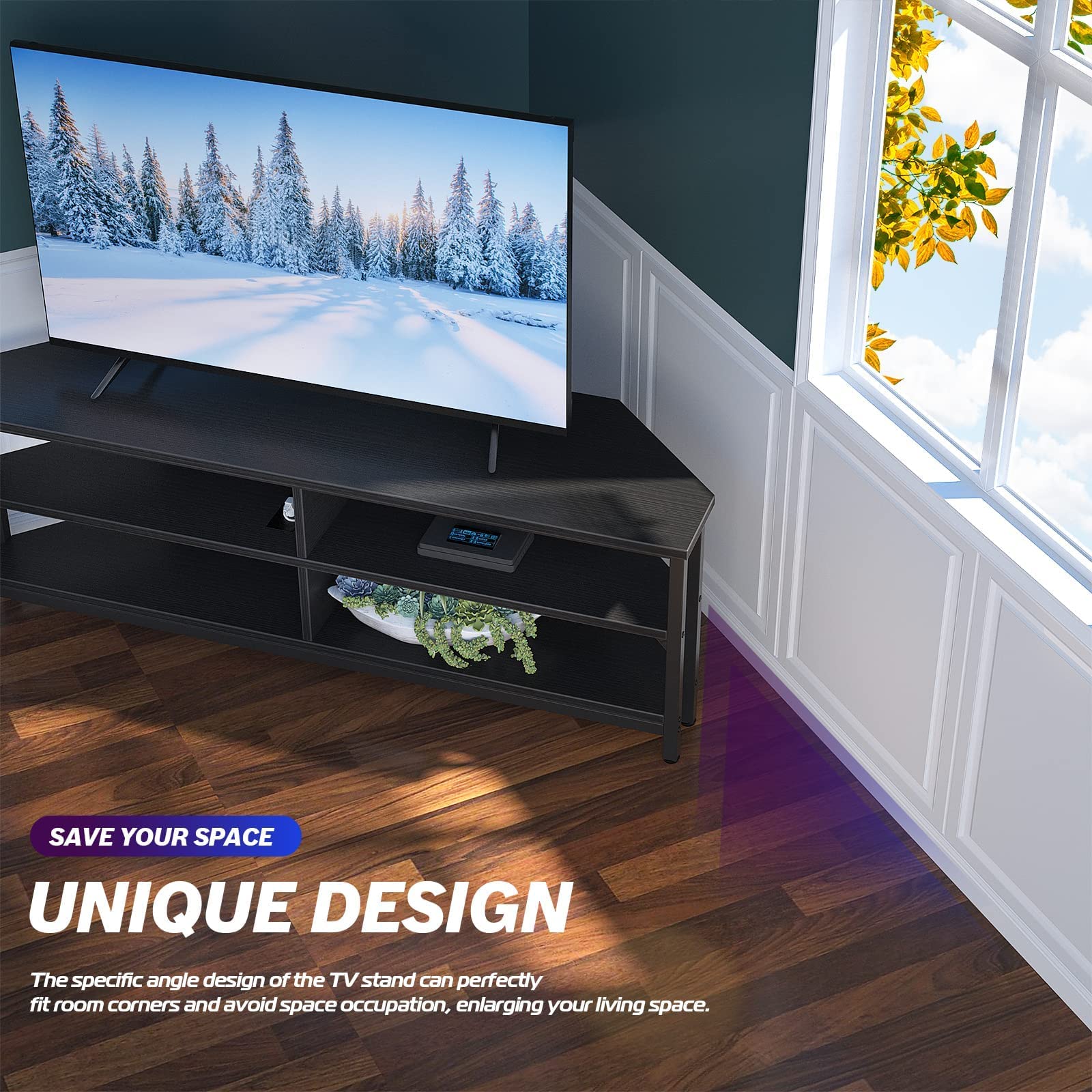 Unikito Corner TV Stand with Power Outlet - Wooden Entertainment Center with 4 Open Shelves, Corner TV Cabinet for Living Room & Bedroom - Fits 55 Inch TVs (Black) | Perfect for Small Spaces & Home Theater Setups