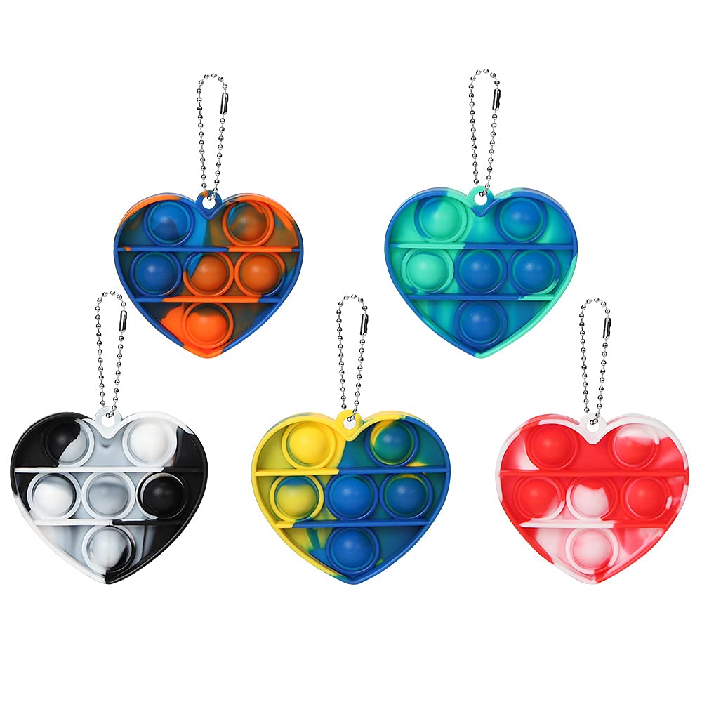 5pcs Mini Push Pop Bubble Fidget Sensory Toys - Silicone Stress Relief Squeeze Toys for Kids & Adults - Tie-Dye Heart Shape Hand Keychain - Perfect for Anxiety Relief, Focus Aid, and Classroom/Office Use