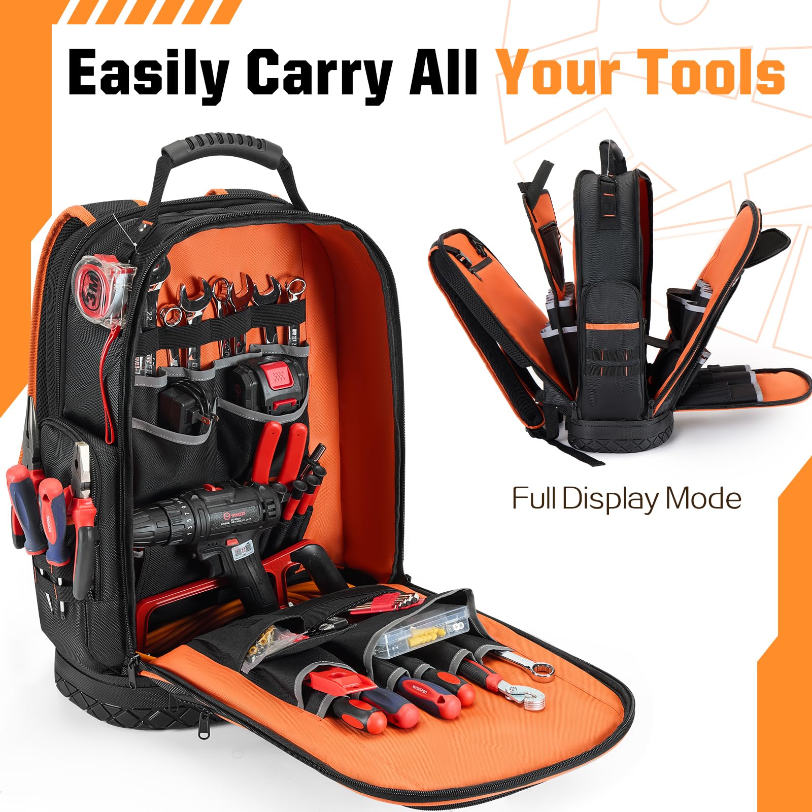 Golkcurx Heavy Duty 1680D Tool Backpack - Durable Molded Base Tool Bag for Electricians, Plumbers & Contractors - Perfect for Job Sites, Construction Work & Outdoor Repairs
