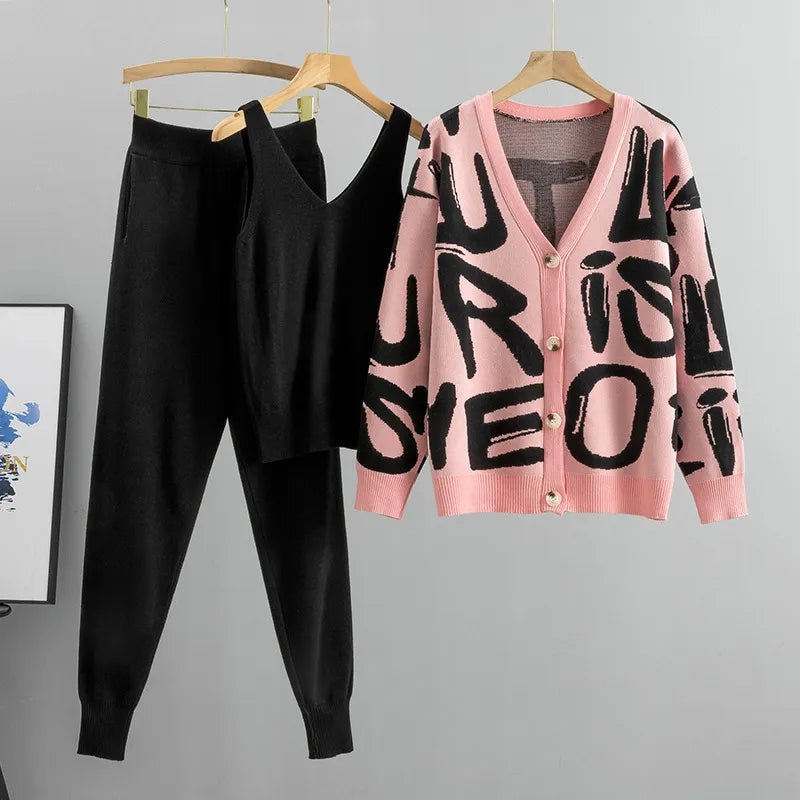 Stylish Autumn Women's 3-Piece Cardigan Tracksuit Set with Knitted Pocket & Letter Design - Cozy Sweater Outfit with Harem Pants for Fall Fashion | Perfect for Casual Wear, Office Outfits & Weekend Relaxation