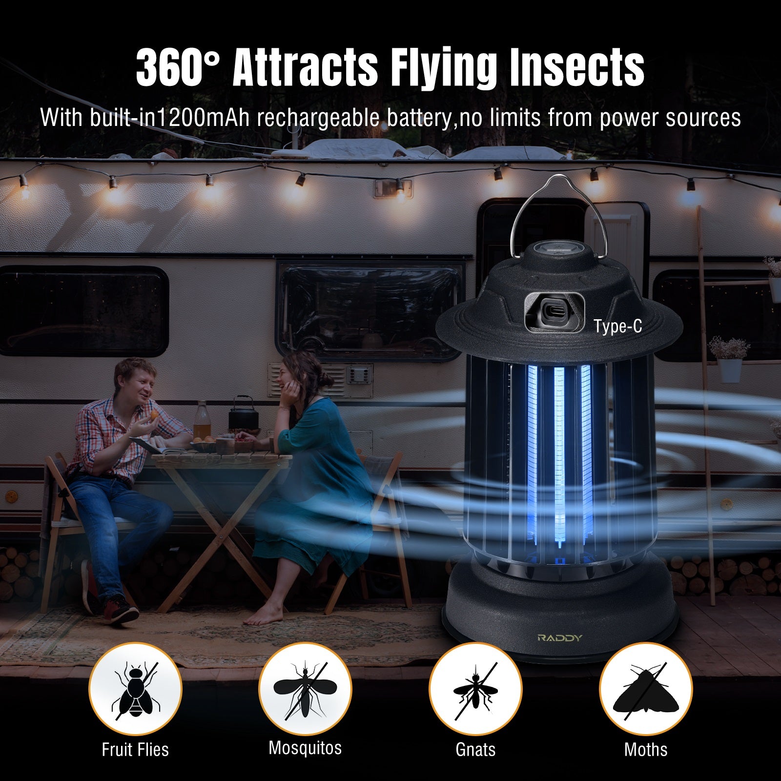 Raddy MZ 1 Outdoor Bug Zapper - Automatic Self-Cleaning Mosquito Killer with IPX4 Waterproof & 1200mAh Rechargeable Battery - Perfect for Patio, Garden, and Camping