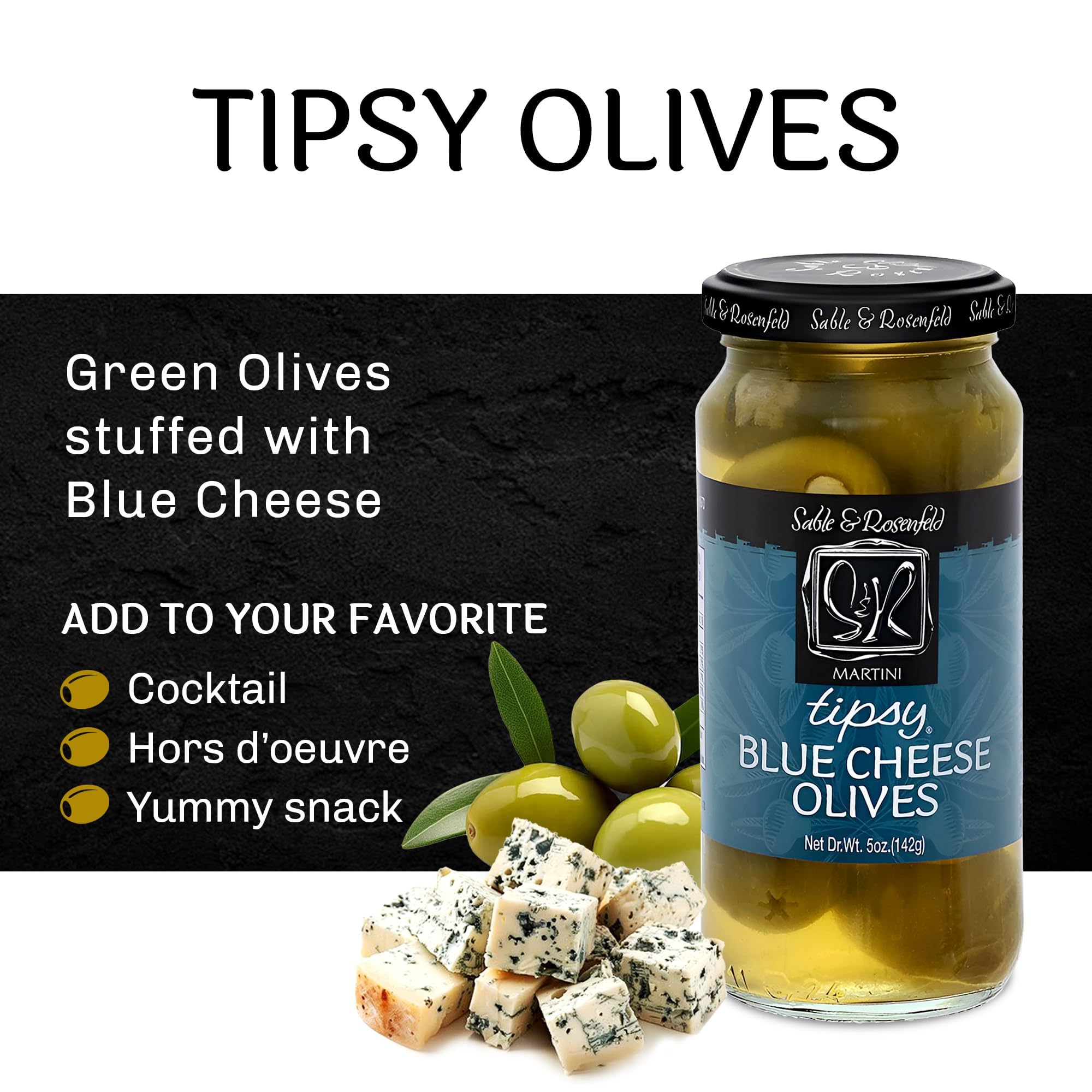 Premium Blue Cheese Stuffed Green Olives - Gourmet Cocktail Olives for Martinis, Bloody Marys & Charcuterie Boards - Sable & Rosenfeld 5 oz (Pack of 6) - Perfect for Home Bars, Parties & Holiday Entertaining