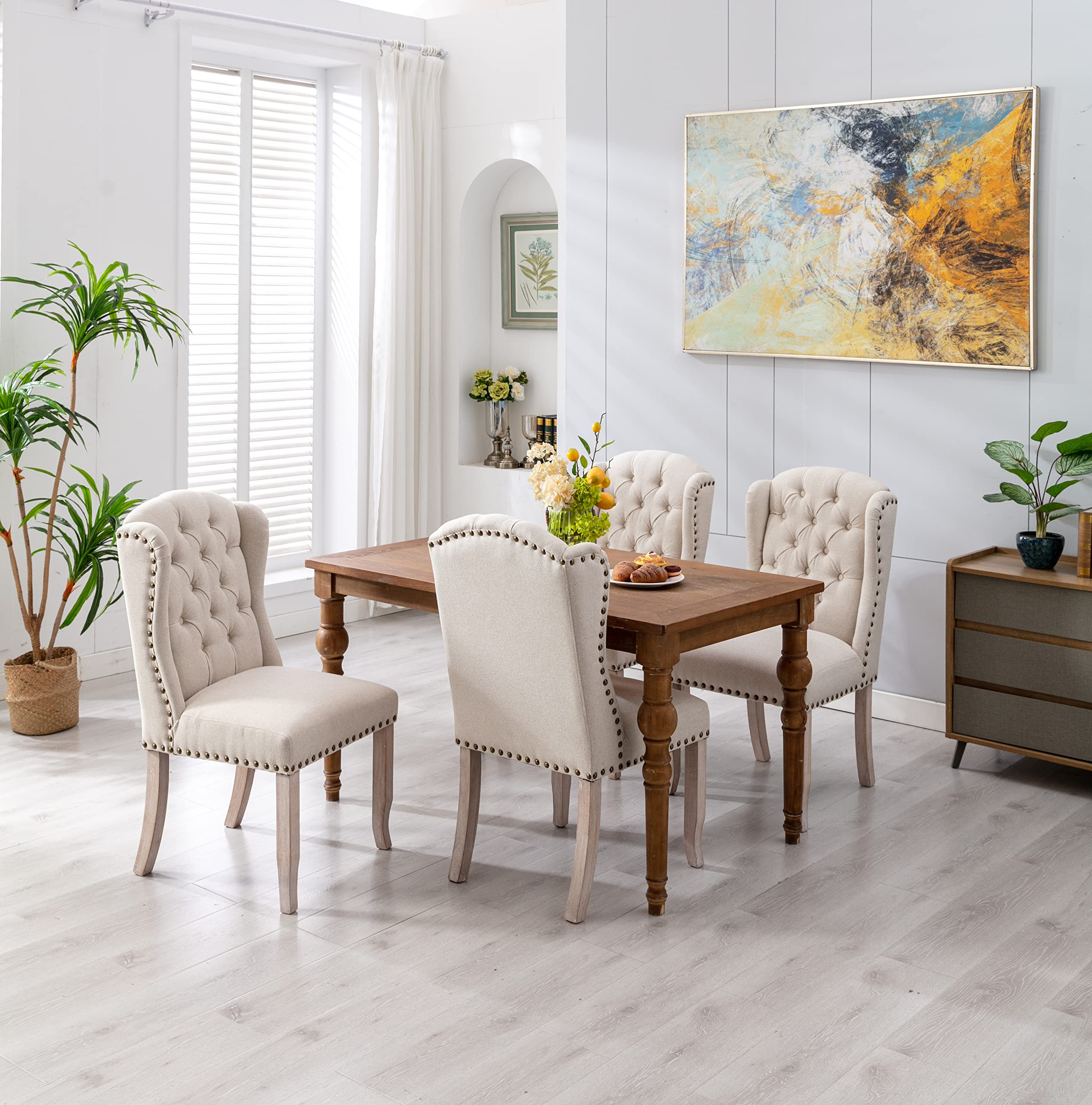 Modern Tufted Dining Chairs Set of 2 - Linen Upholstered Armless Side Chairs with Solid Wood Frame for Kitchen, Dining Room & Guest Seating - Wingback Accent Chairs in Beige - Perfect for Small Spaces, Breakfast Nooks & Formal Dining Areas