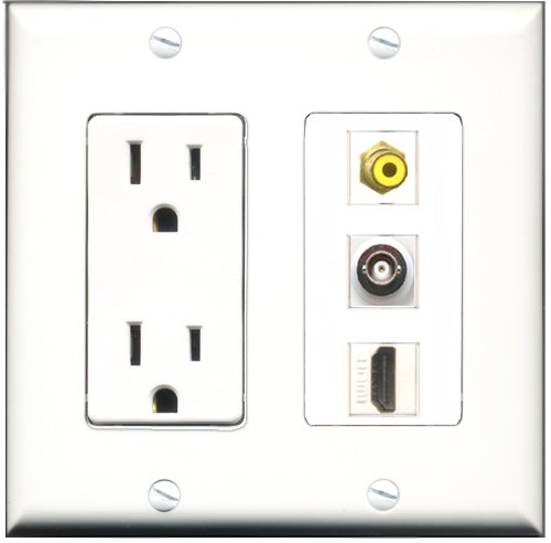 RiteAV 15 Amp Power Outlet with HDMI, RCA, and BNC Ports - Decorative Wall Plate for Home Theater and Security System Installations