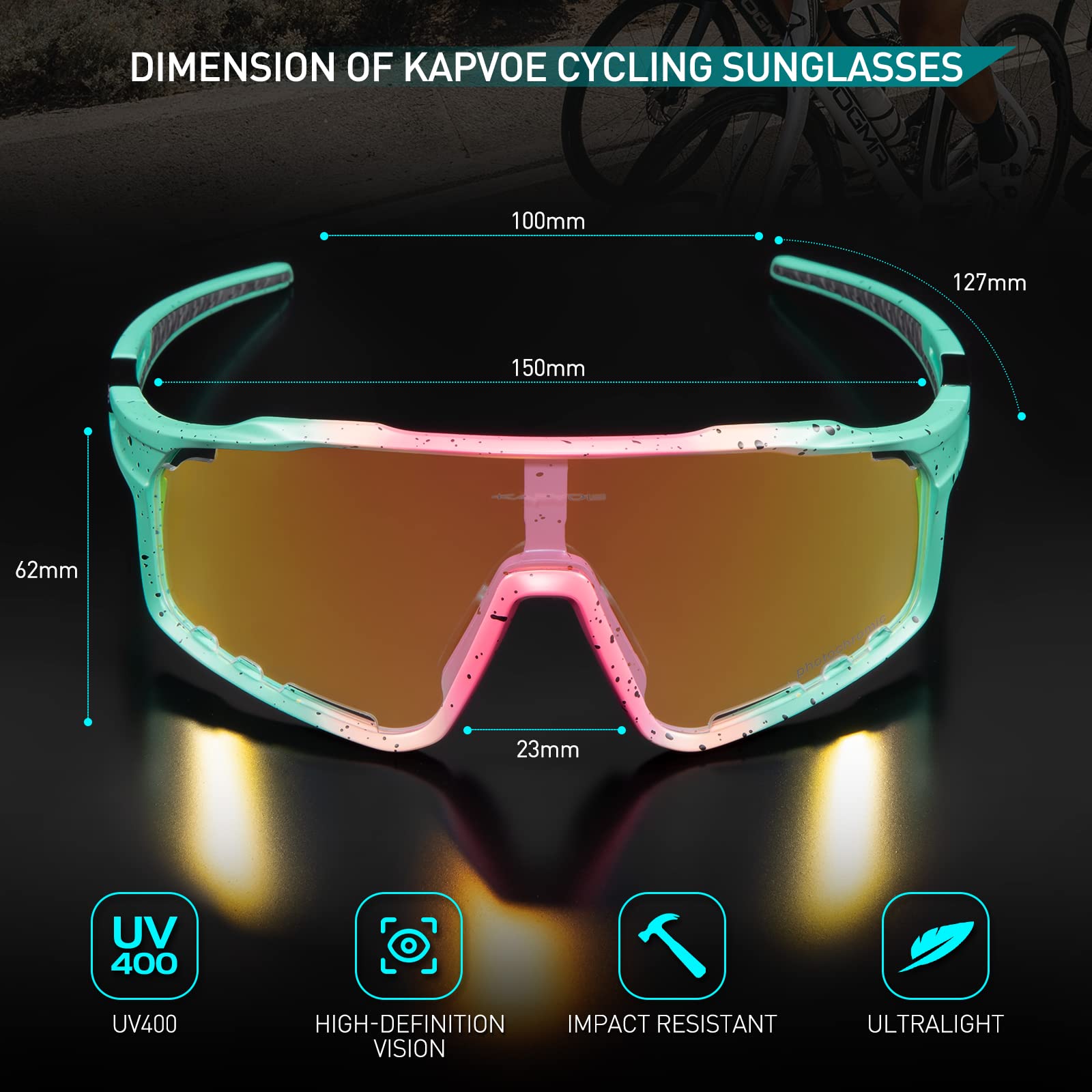KAPVOE Photochromic Cycling Glasses for Men & Women - UV Protection Sports Sunglasses with HD High Contrast Lenses & Lightweight Frame for Biking, Running, Hiking & Outdoor Activities