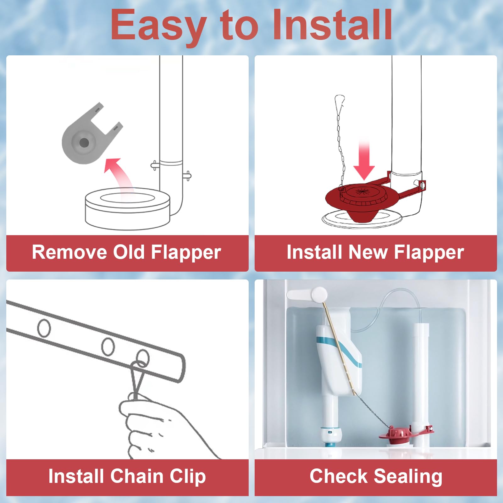 2 Pack Universal 2-Inch Toilet Flapper Replacement Kit - High Performance Toilet Tank Flapper with Stainless Steel Chain & Hook, Durable Rubber Seal, Easy Installation (Red) - Perfect for Leaky Toilets, Home Bathroom Repair & Water Conservation