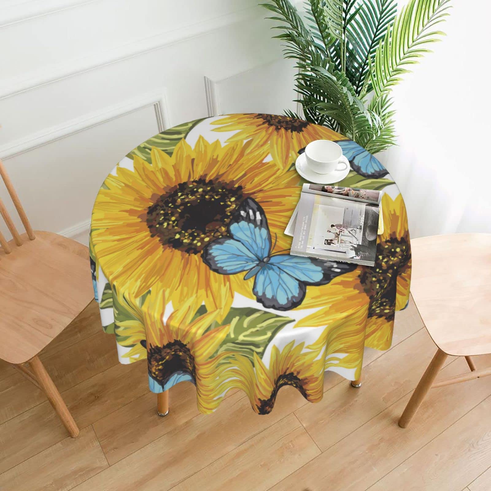 **60 Inch Waterproof Sunflower Tablecloth - Round Butterfly Design Washable Polyester Table Cover for Kitchen, Dining Room, Indoor & Outdoor, Picnic, Patio, Party Decor - Perfect for Spring Celebrations & Garden Gatherings**