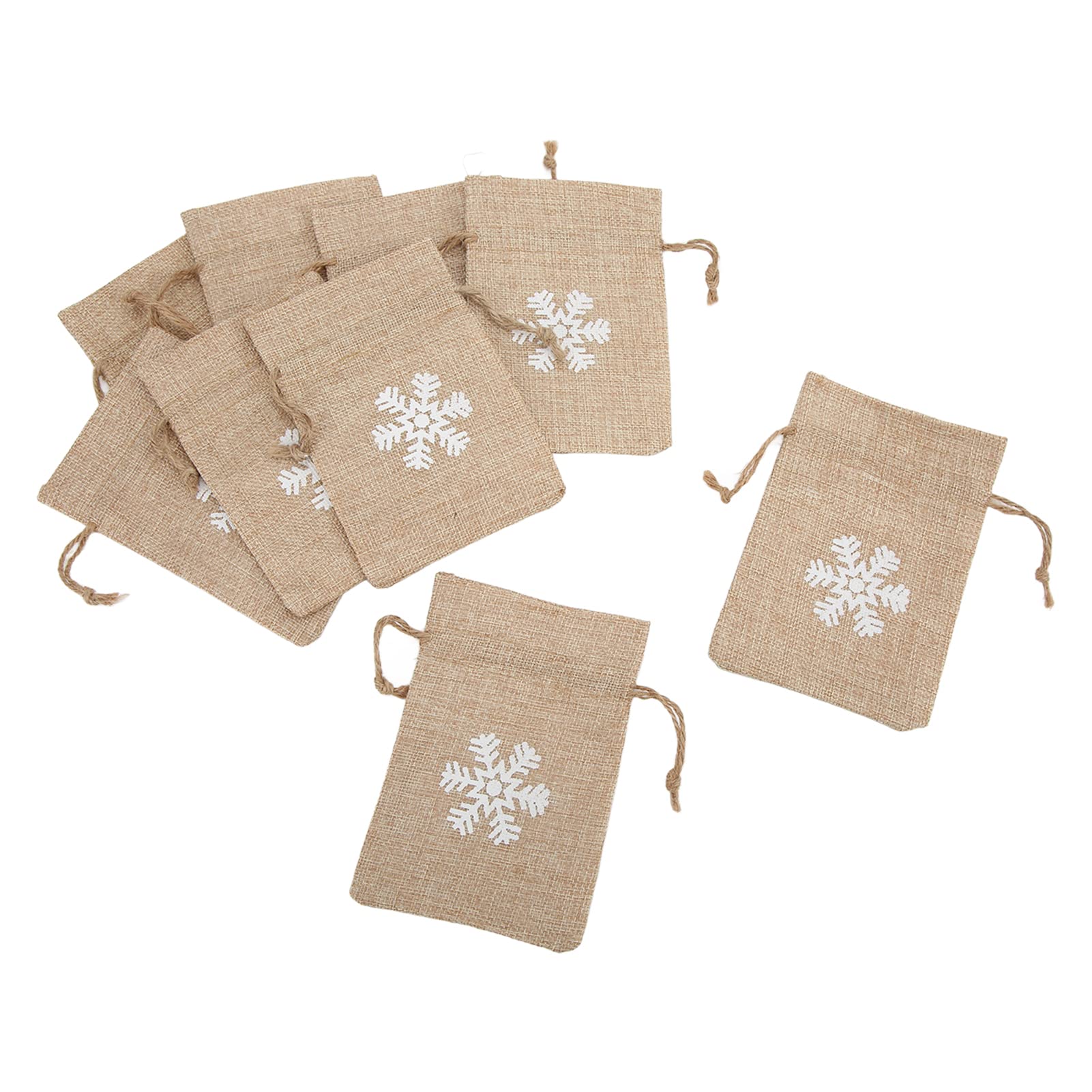 4.1 x 5.9 Inch Reusable Burlap Drawstring Gift Bags with White Snowflake Print - 9 Pack for Christmas Presents, Party Favors & Wedding Decorations