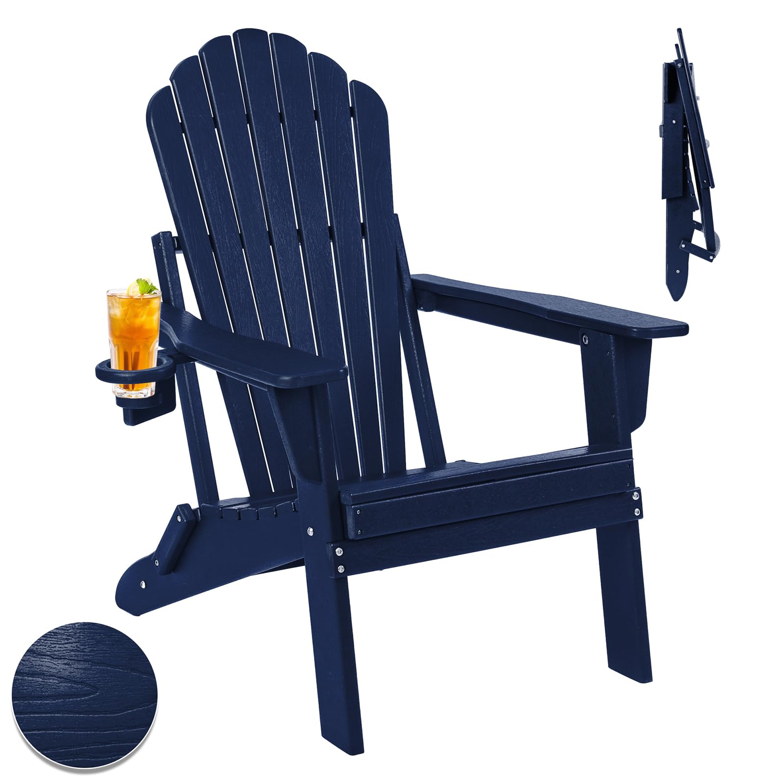 Folding Adirondack Chair with Cup Holder - Heavy Duty All-Weather HDPE, SGS Tested, Wooden Textured Design - Comfortable Outdoor Seating for Patio, Garden, Poolside & Backyard (Navy Blue)