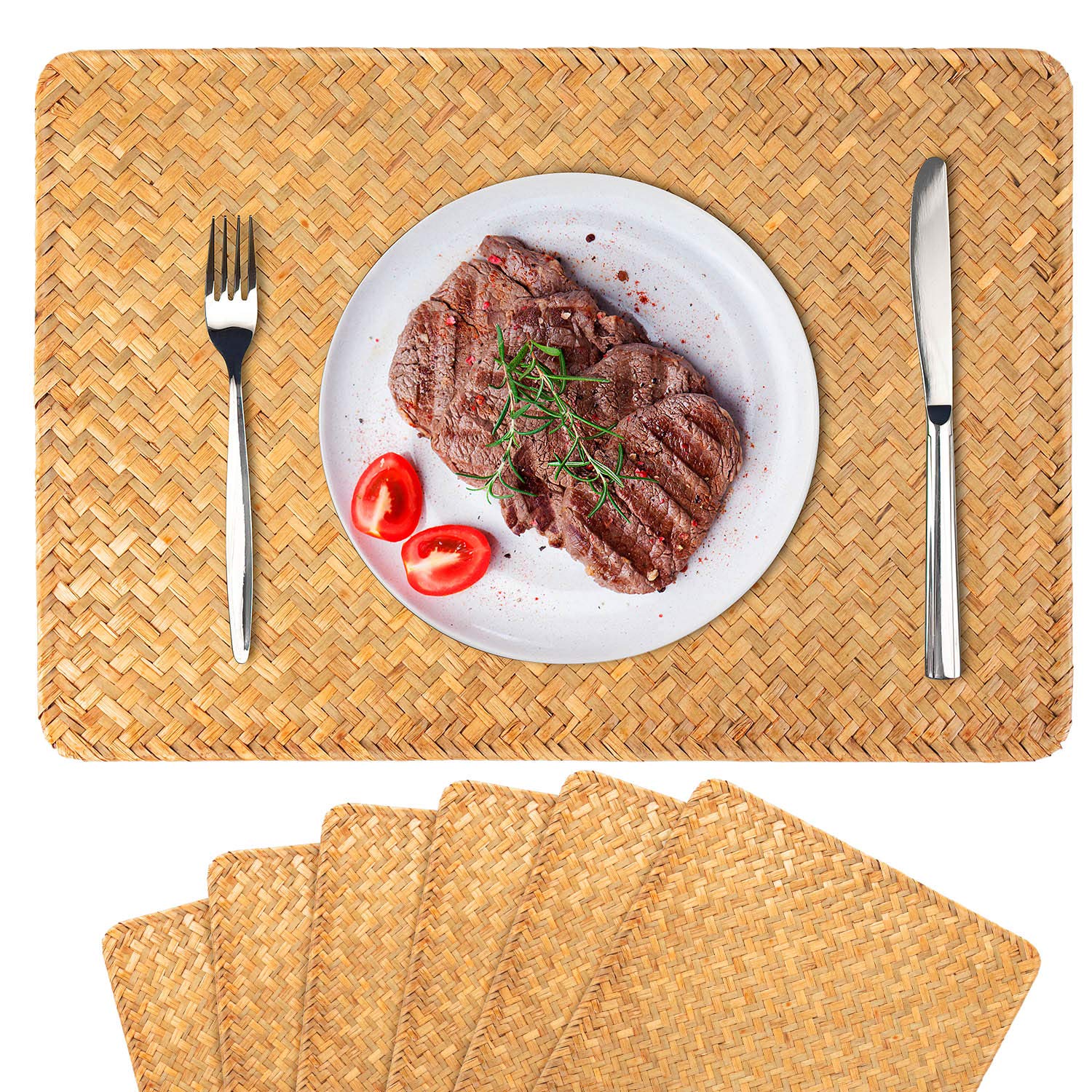 6-Piece Natural Woven Rattan Rectangular Placemats Set - Eco-Friendly Table Mats for Dining & Kitchen - Perfect for Dinner Parties, Holiday Decor & Home Styling