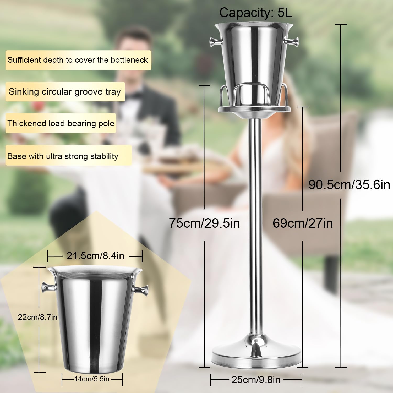 Stainless Steel Champagne Ice Bucket with Stand - 12Lb Capacity Hammered Wine Chiller for Party, Bar, KTV, BBQ & Home Decor (3ft Tall, Silver, 1 Pack) - Perfect for Weddings, Cocktail Parties & Outdoor Entertaining