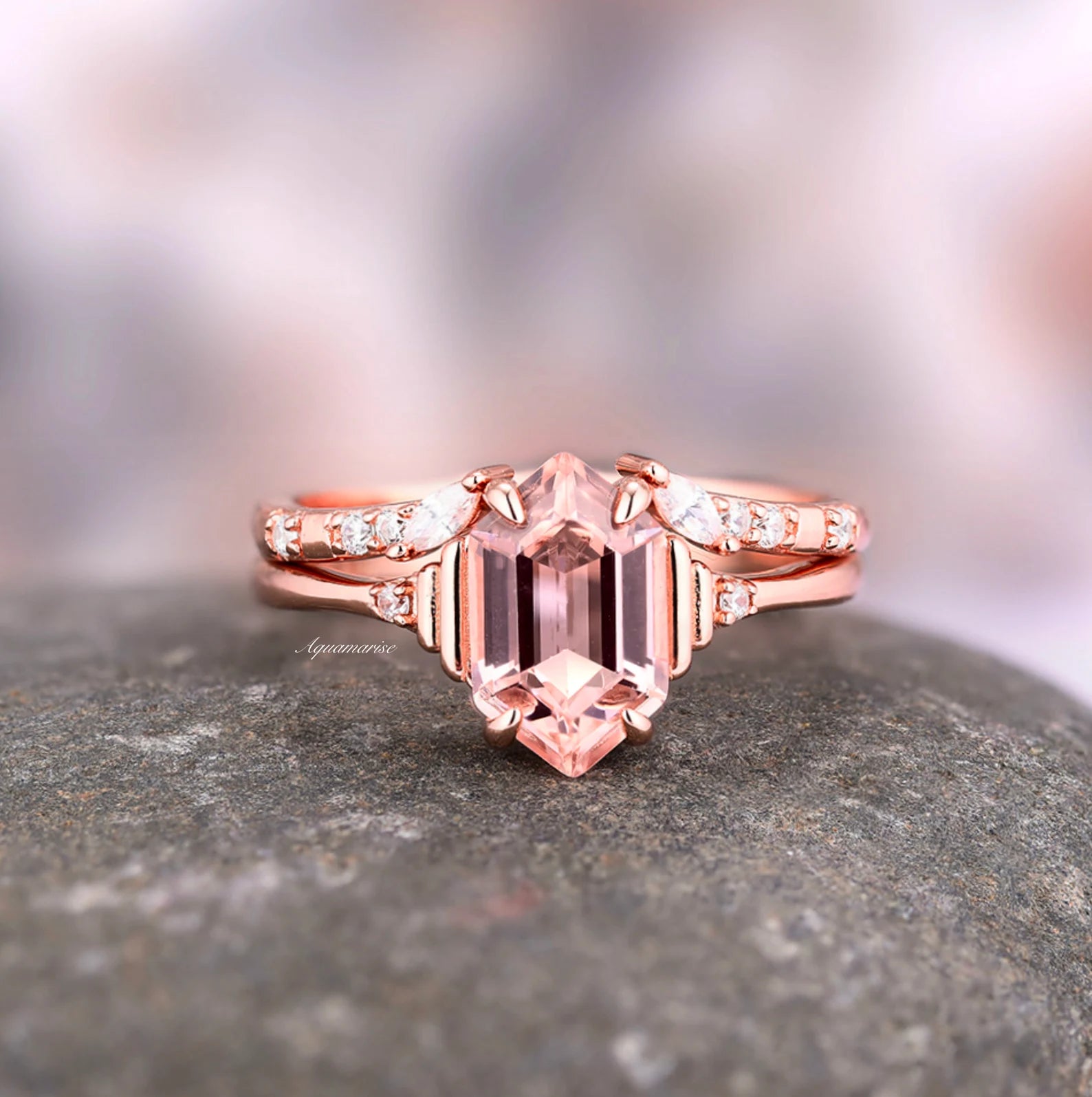 Hexagon Morganite Couples Ring - 14K Gold Plated Wedding Band for Women & Men, Romantic Anniversary Gift for Her/Him, Perfect for Engagements, Weddings & Special Occasions
