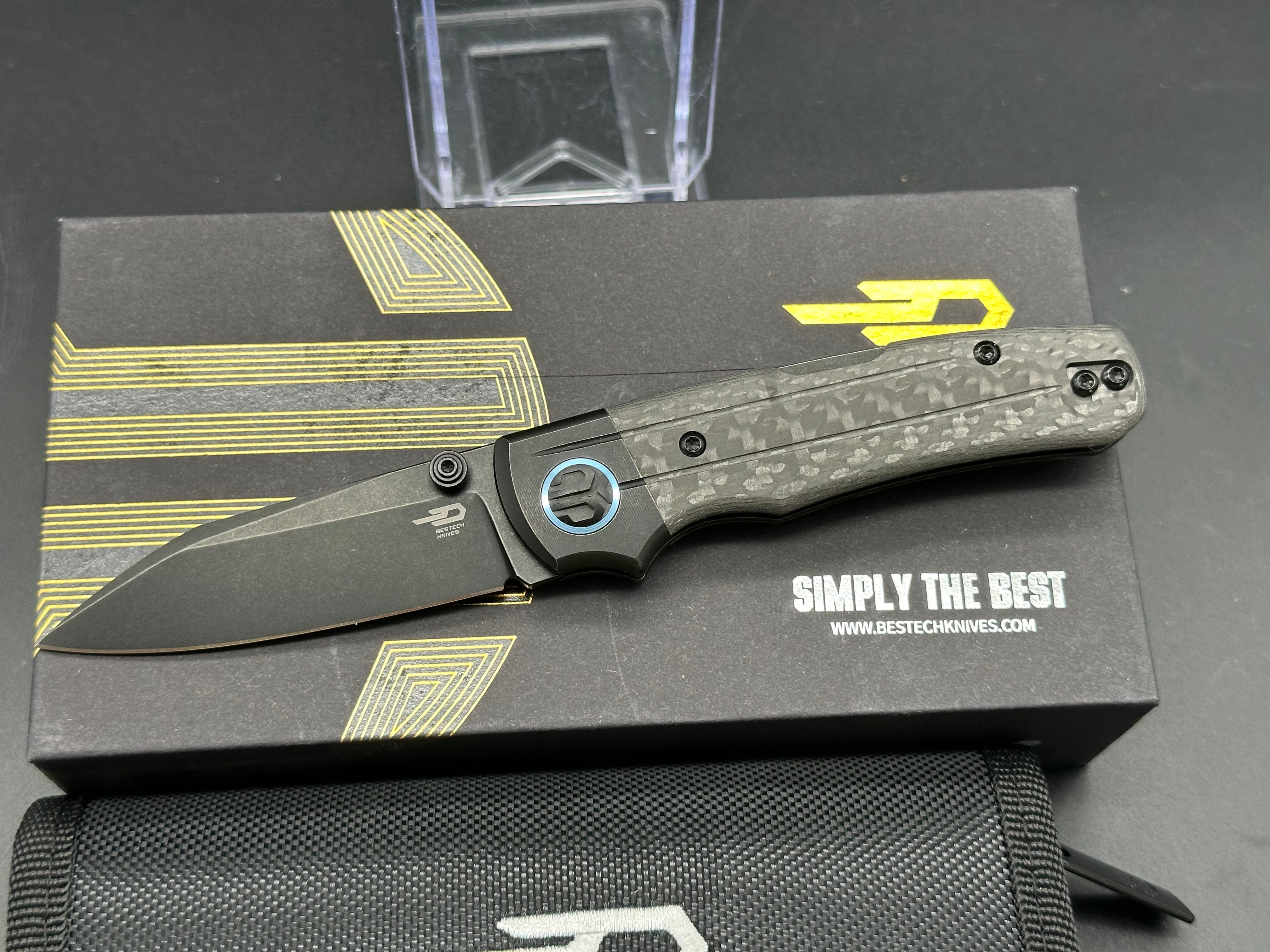 Bestech Tonic Black Titanium/Carbon Fiber Pocket Knife - M390 Steel Blade with Black Stonewash Finish - EDC, Outdoor, Camping & Survival Gear