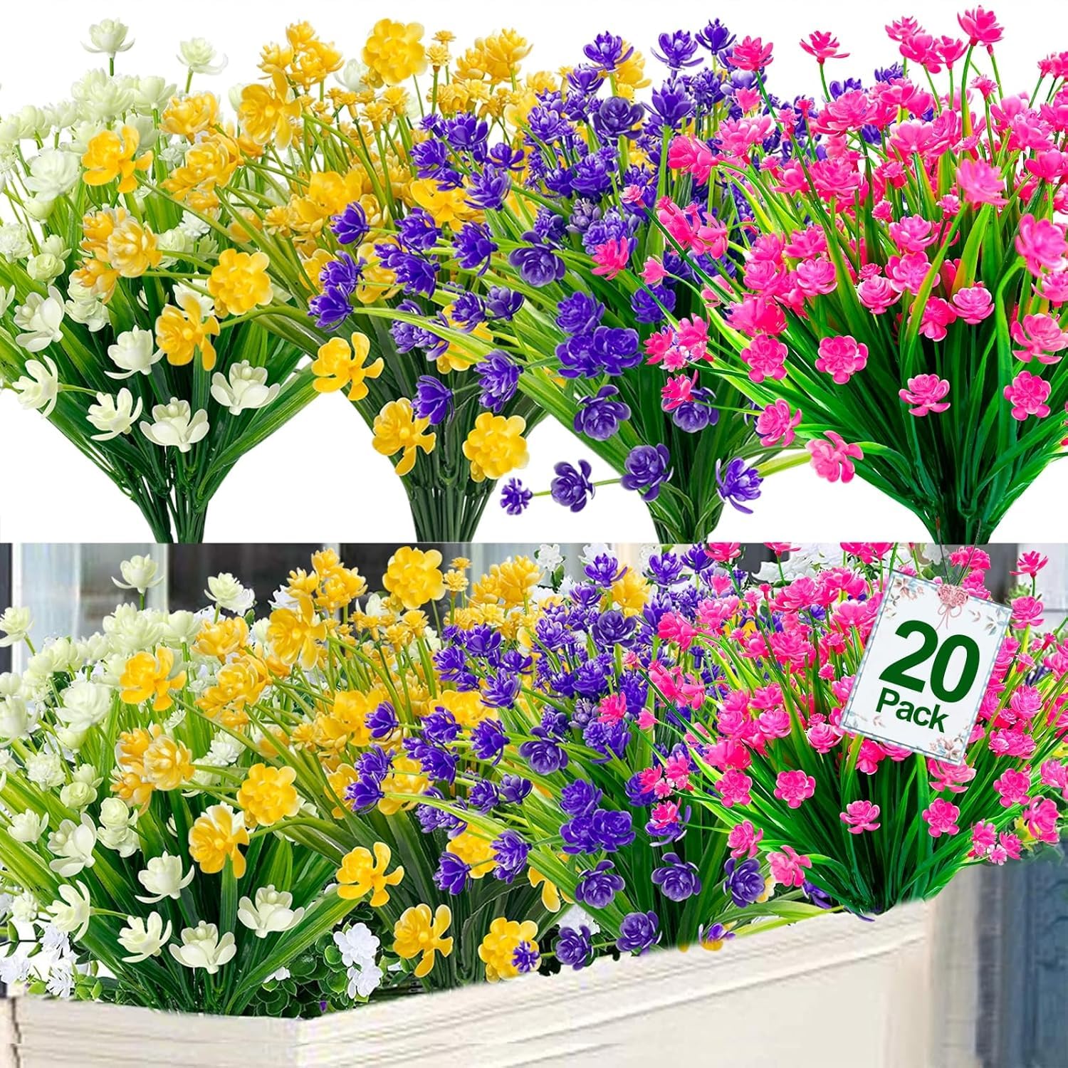 TURNMEON 20 Bundles UV Resistant Artificial Flowers for Outdoor Decor - Fake Plants Summer Greenery Shrubs with 580 Heads for Porch, Cemetery & Home Decoration | Perfect for Garden, Wedding & Party Decorations
