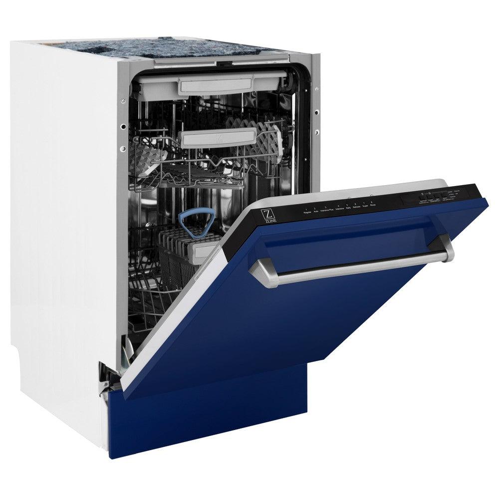 ZLINE 18 Inch Tallac Series 3rd Rack Top Control Dishwasher - Stainless Steel Tub with Blue Gloss Panel, 51dBa Ultra Quiet (DWV BG 18) | Perfect for Modern Kitchens, Small Homes & Open Concept Living Spaces