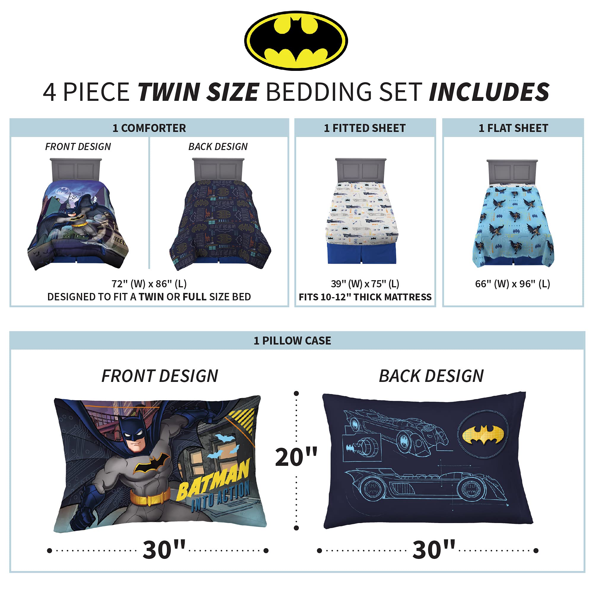 Super Soft Franco Kids Bedding Set - 4 Piece Twin Size Batman Comforter & Sheet Set for Boys' Room Decor | Perfect for Superhero Themed Bedrooms & Cozy Sleep