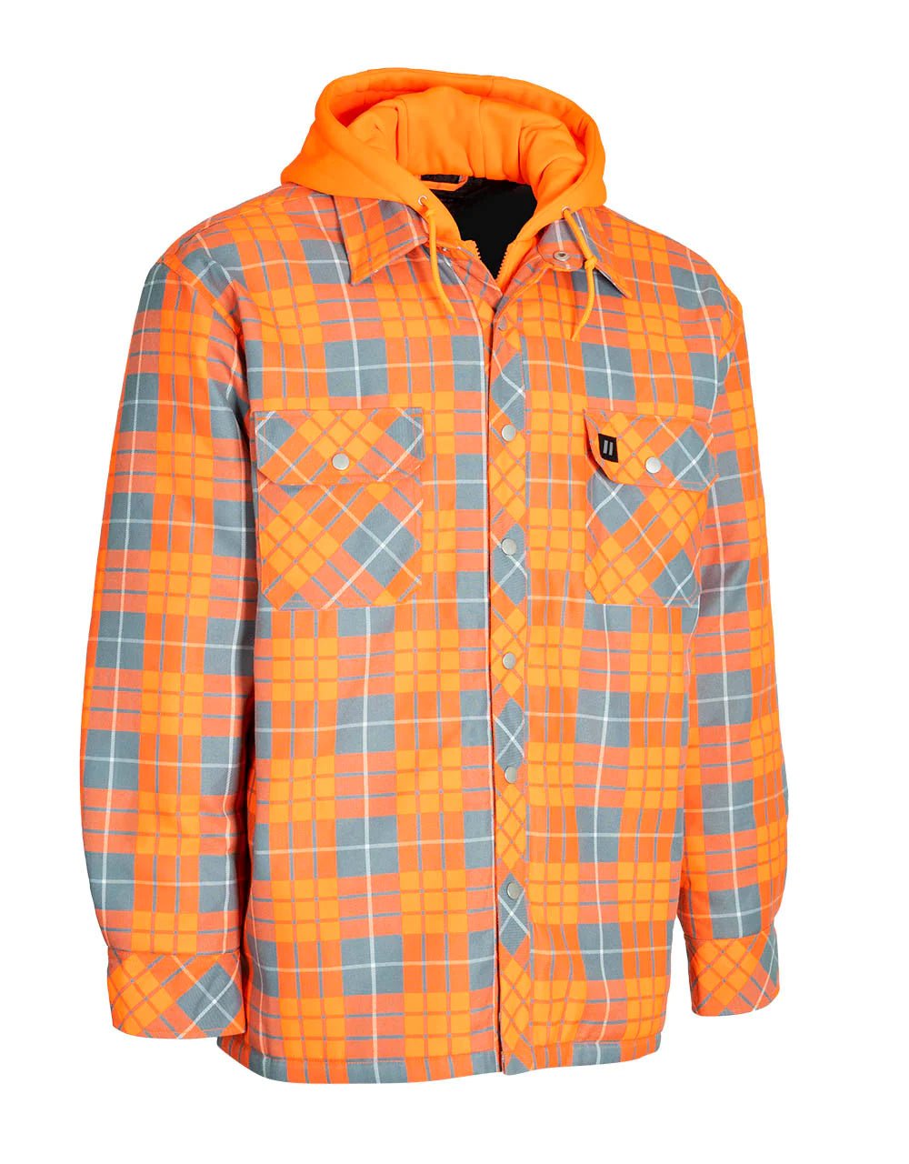 FORCEFIELD Hi-Vis Hooded Plaid Quilt-Lined Flannel Shirt Jacket - Safety Workwear for Construction & Outdoor Jobs (Model 024 LC696QH HV)
