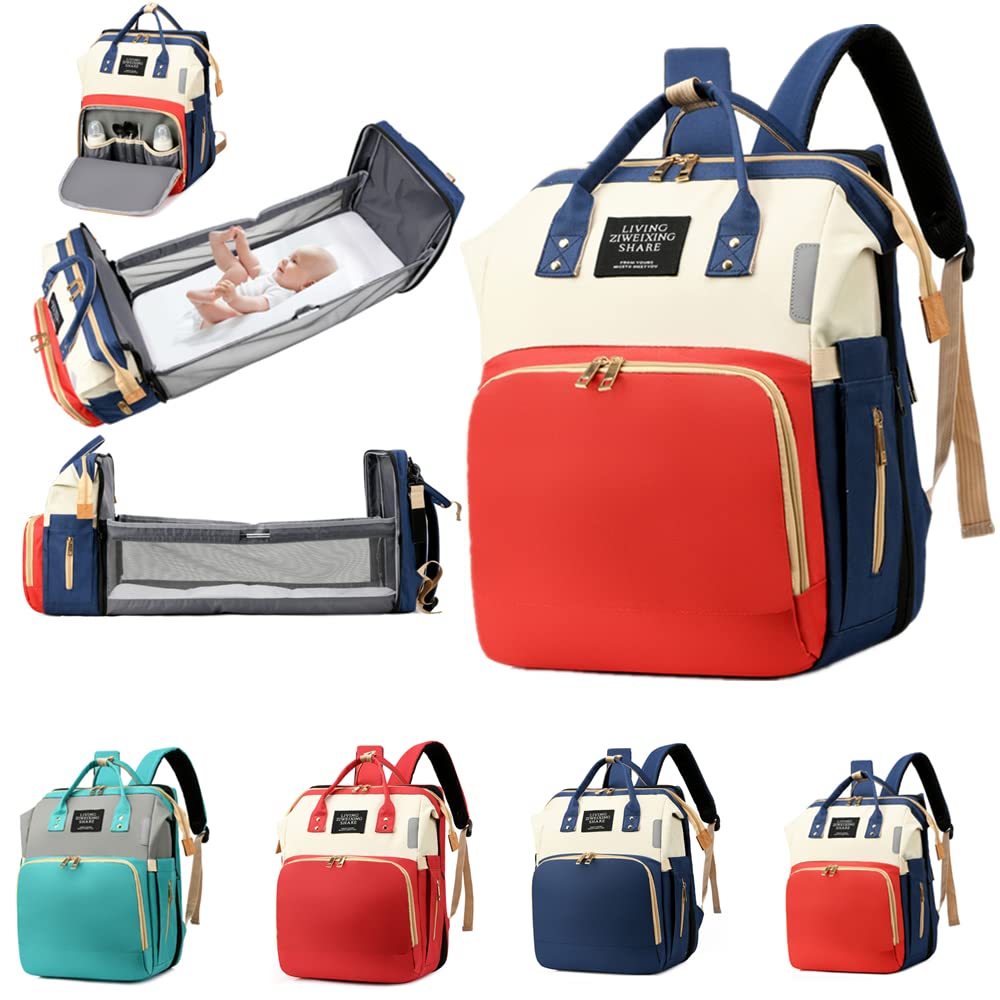 CELINV KOILM 7-in-1 Multifunctional Diaper Bag Backpack with Changing Pad - Large Travel Baby Bag with Insulated Pockets, Sturdy Folding Crib & Organizer (White, Red, Blue) for Newborns, Toddlers & On-the-Go Parents - Perfect for Daycare, Travel, Shopping & Outdoor Adventures
