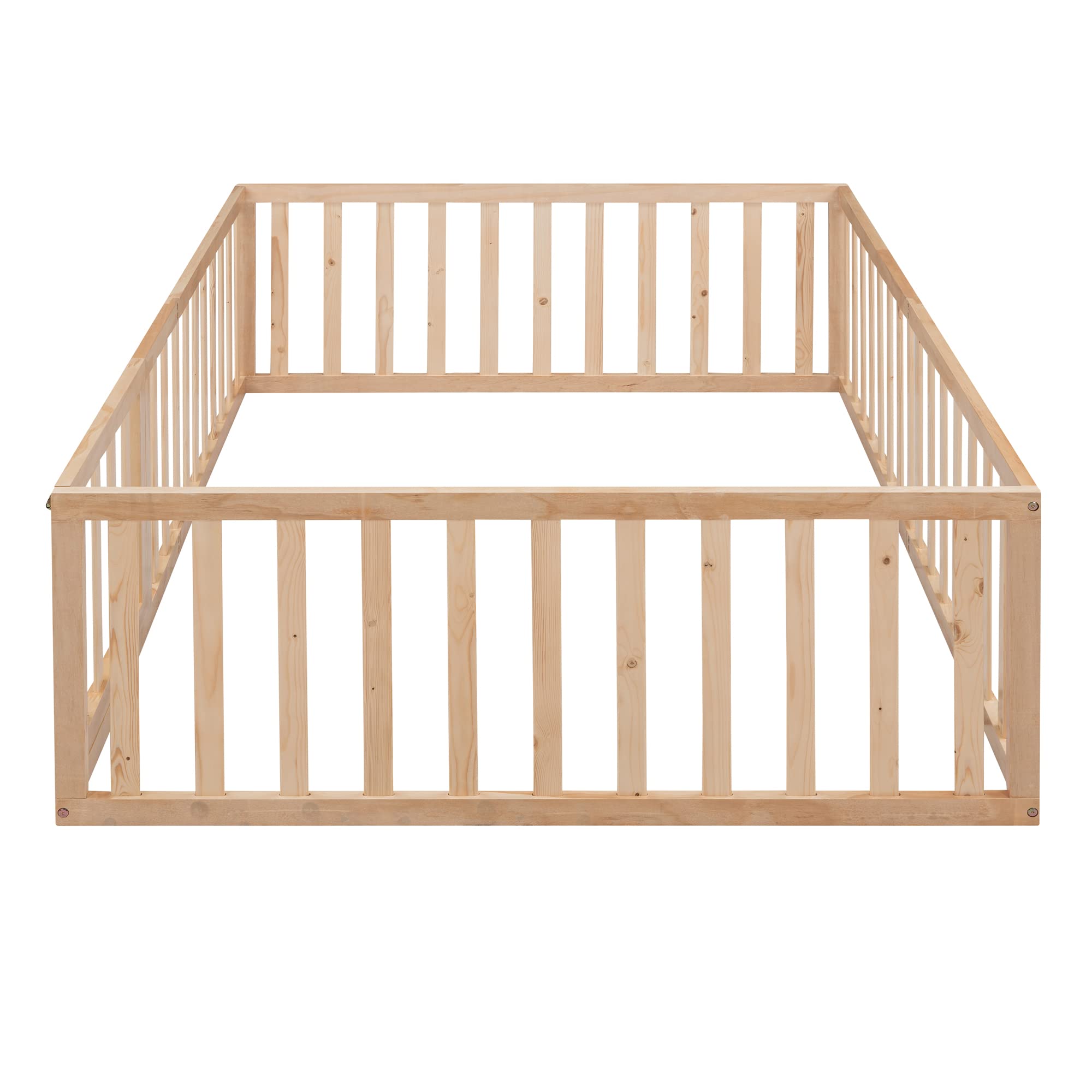 MERITLINE Full Size Wooden Bed Frame with Safety Fence for Kids Over 6 Years | Montessori Floor Bed with Door | Easy Assembly, No Box Spring Needed (Natural) - Perfect for Kids' Bedrooms, Playrooms & Montessori Learning Spaces