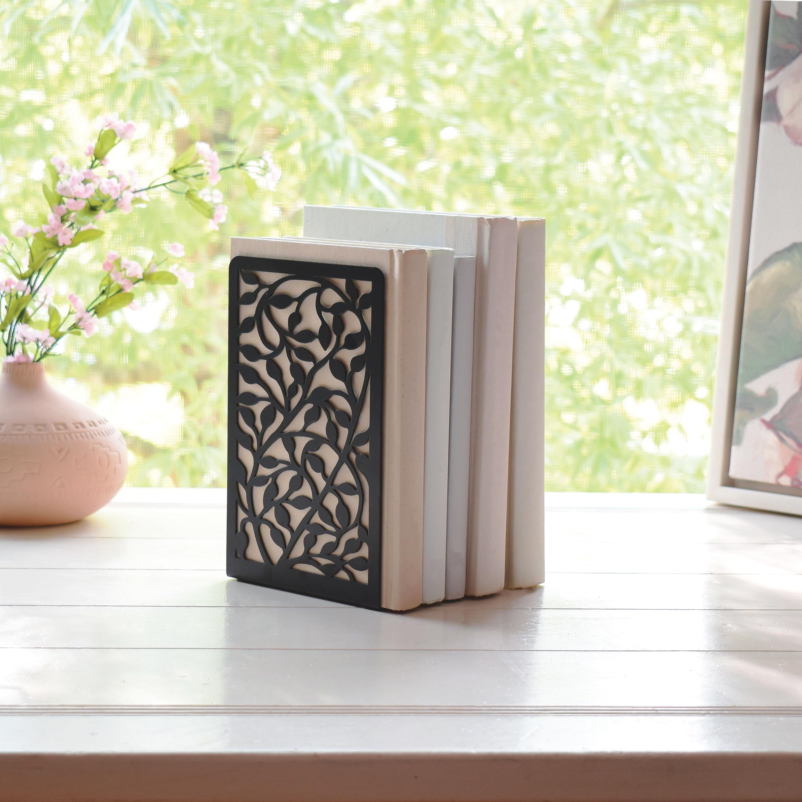 CNK Metal Bookends for Heavy Books - Set of 2 Black Infinite Leaf Design Book Holders for Home Office & Bookshelves - Perfect for Organizing Books, Decorative Display, and Securing Large Volumes