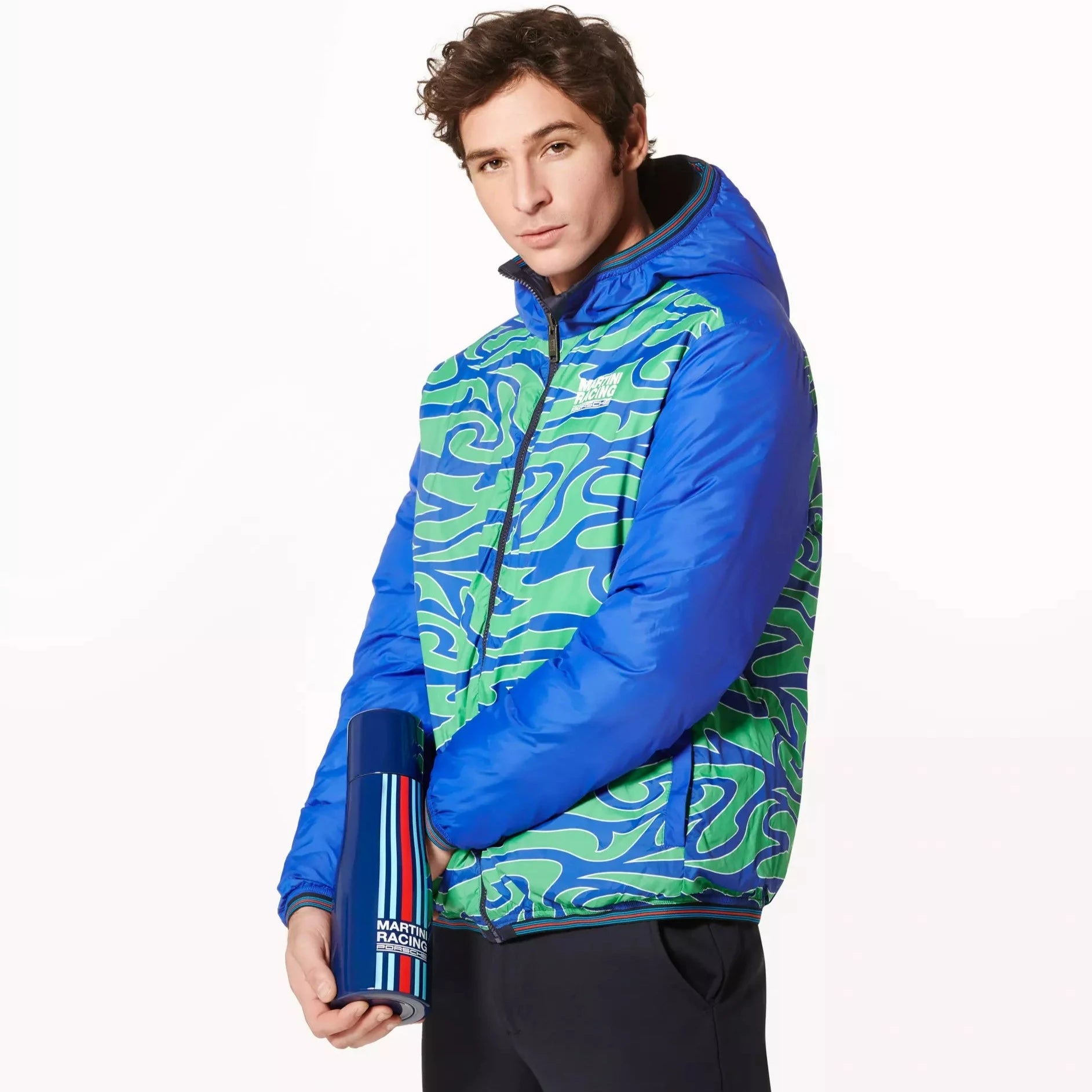 Porsche Men's Reversible Quilted Jacket - Martini Racing Style (Hippie Design) | Lightweight Winter Coat for Casual Wear & Outdoor Activities
