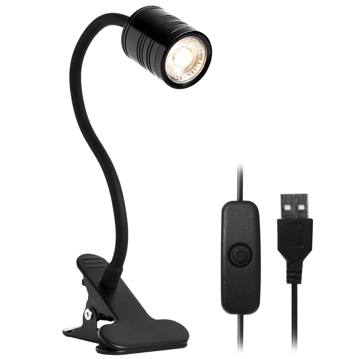 EAGLOD Adjustable LED Desk Lamp with Clamp - USB Powered Gooseneck Light for Night Reading, Bedside, Nail Art & Tattoo Work - 360° Flexible Black Task Lighting for Home Office, Dorm & Studio