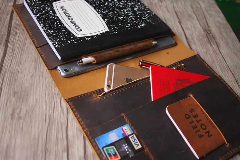 Premium Genuine Brown Leather iPad Pro 12.9 Case with Apple Pencil Holder - Custom Name Engraving - Perfect for Business Professionals & Students (2021-2024 Models)