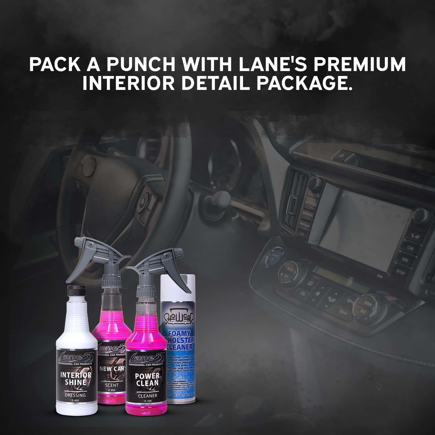 LANE'S Premium Interior Detail Kit - Power Clean Vinyl & Plastic Cleaner, Interior Shine Dressing, Foamy Upholstery Cleaner, New Car Scent - Perfect for Car, Home, and Office Cleaning