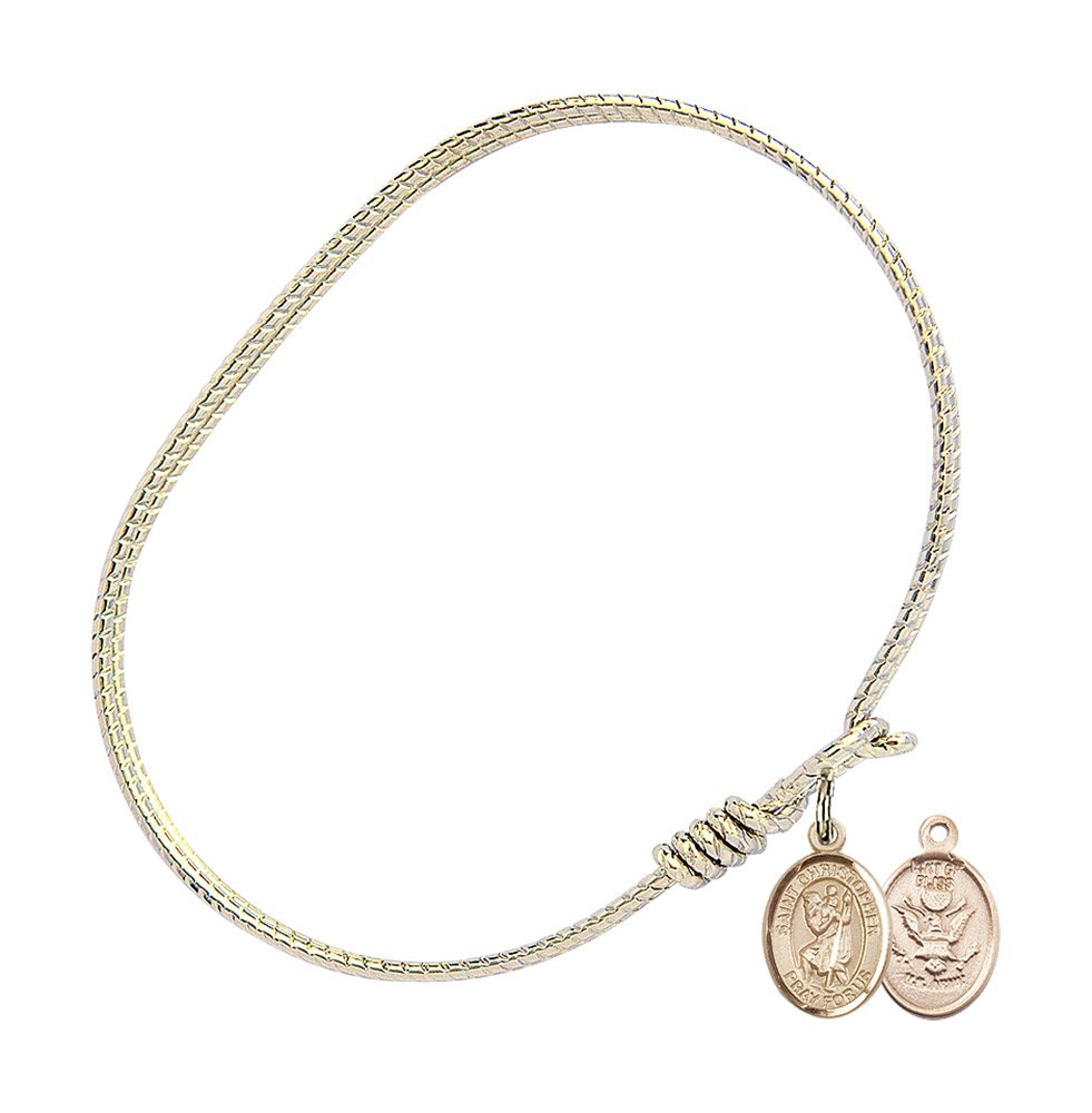 Gold-Filled Oval Eye Hook Bangle Bracelet with St. Christopher & Army Charm - Military Gift, Religious Jewelry for Everyday Wear | Perfect for Soldiers, Prayer Protection & Casual Fashion Accessories