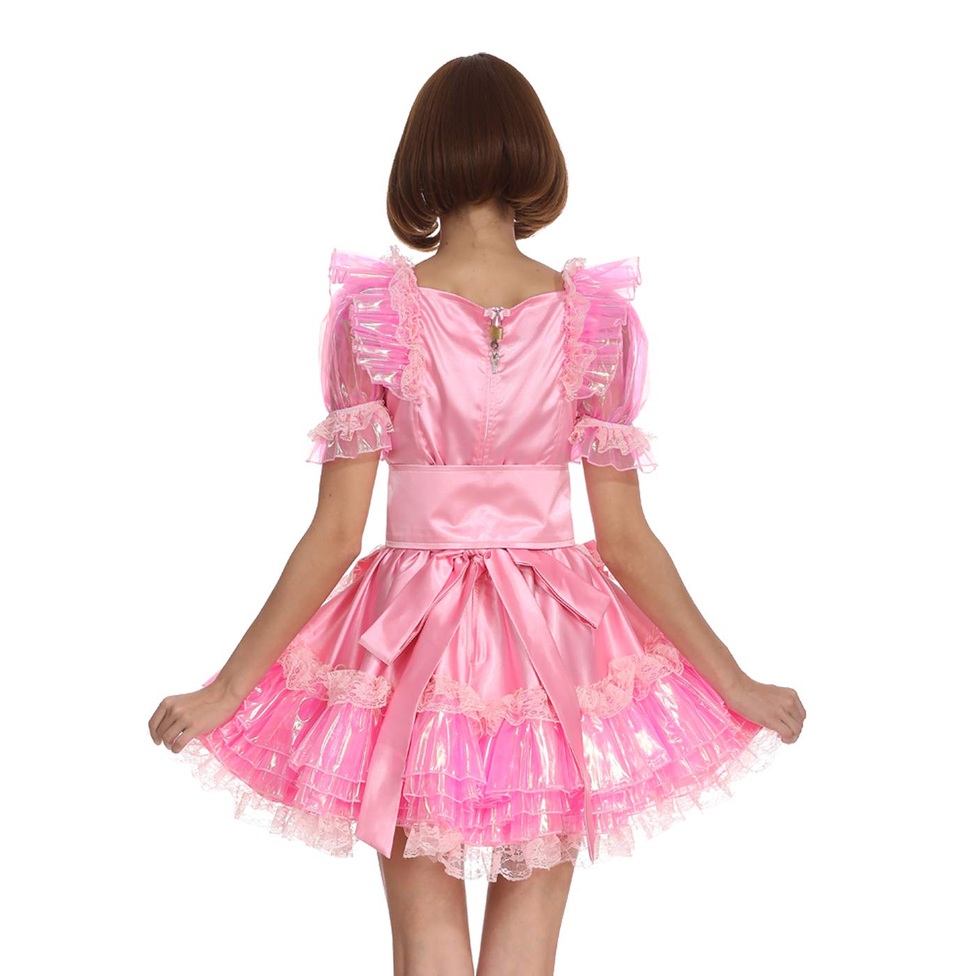 Sexy Pink Satin French Maid Costume for Women - Shimmering Girdle Dress with Lockable Design | Perfect for Halloween, Cosplay, Role Play & Boudoir Photography