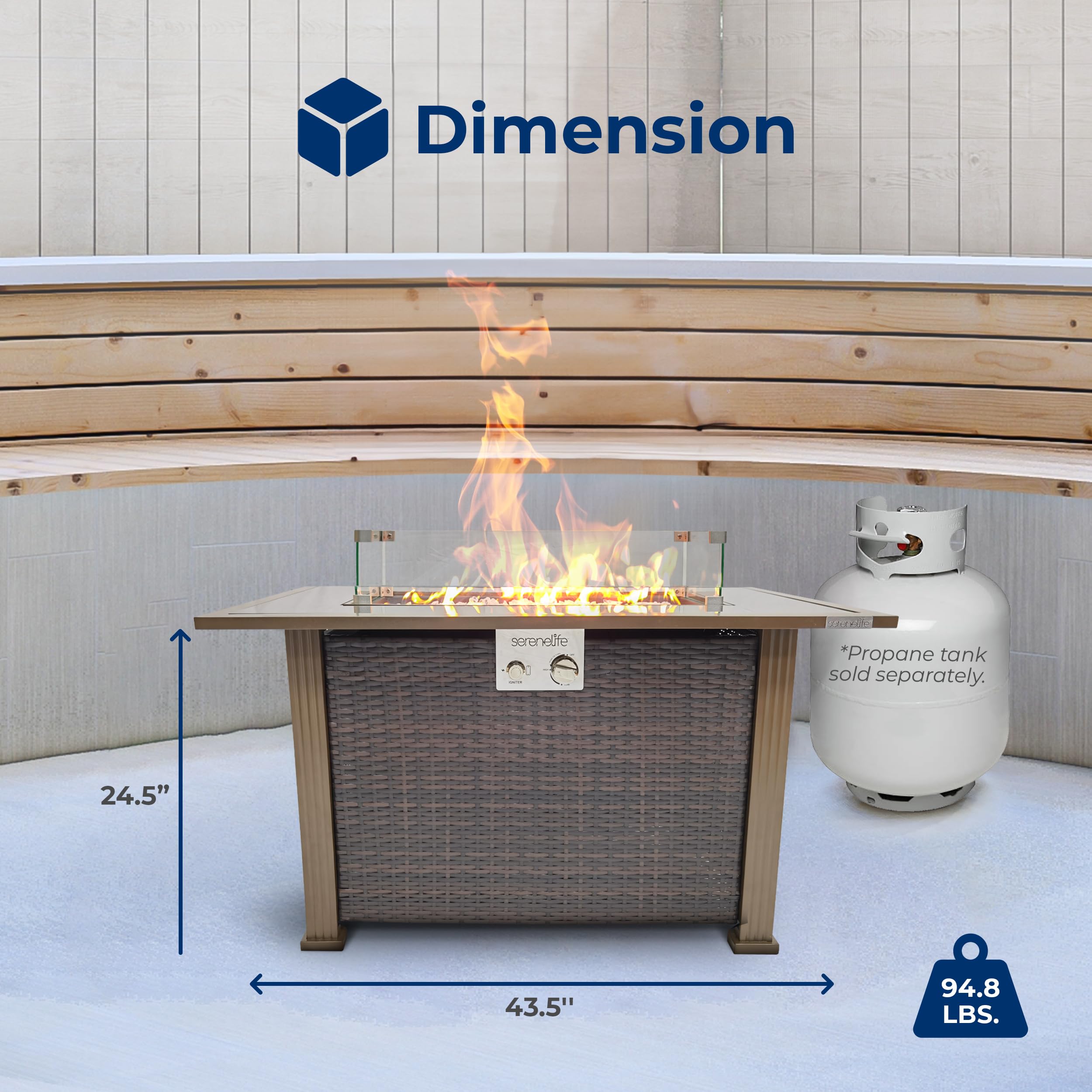 SereneLife 50,000 BTU Outdoor Propane Fire Pit Table with Auto-Ignition - Black Tempered Glass Top & Wind Guard for Patio, Backyard, Garden (Includes Clear Glass Rocks) | Perfect for Outdoor Gatherings, Camping & Relaxation