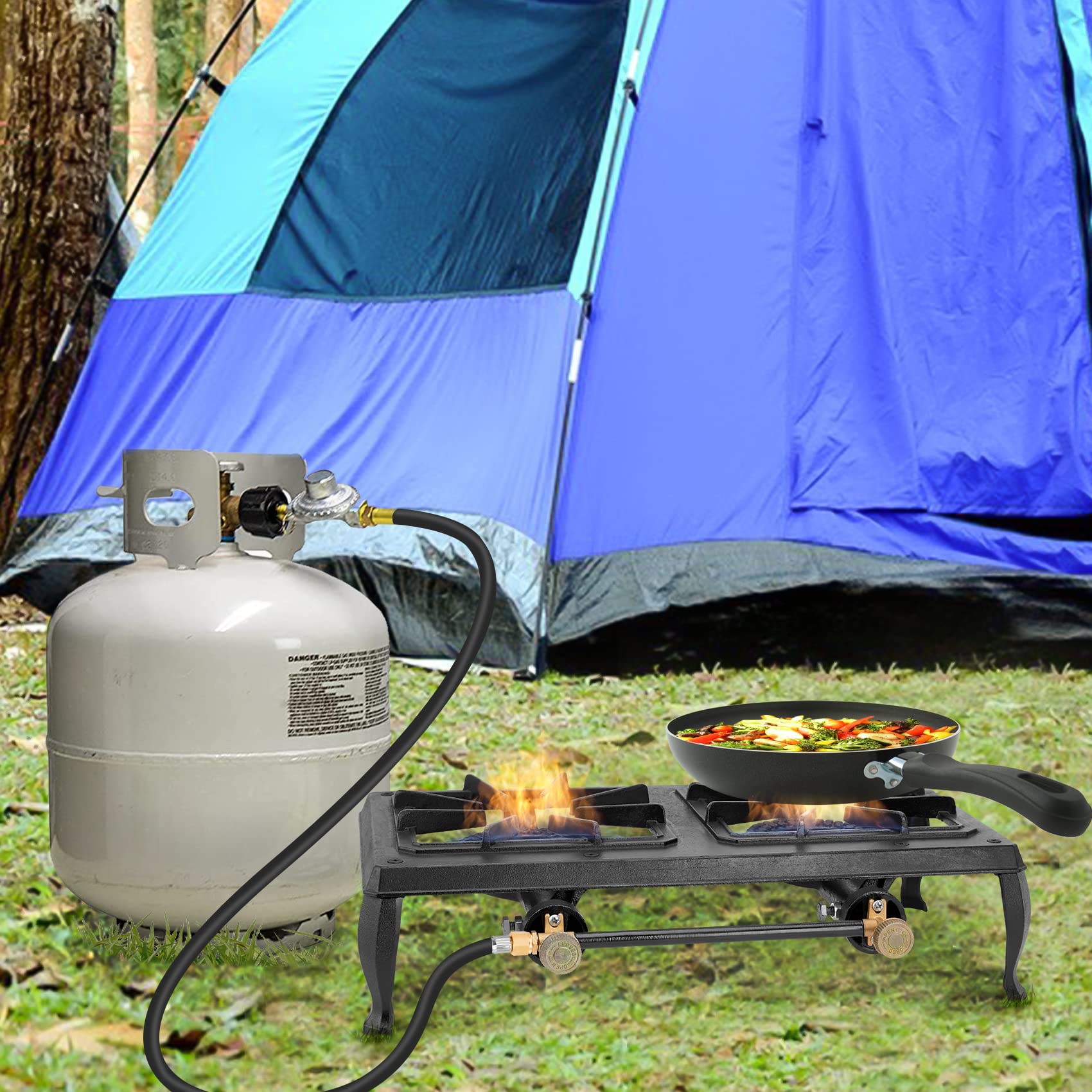 OnlyFire 2-Burner Cast Iron Camping Stove - Portable Propane Gas Cooker for Outdoor Cooking, Camping, BBQ Grilling, Tailgating & Hiking - Perfect for Backyard, RV Trips & Emergency Preparedness