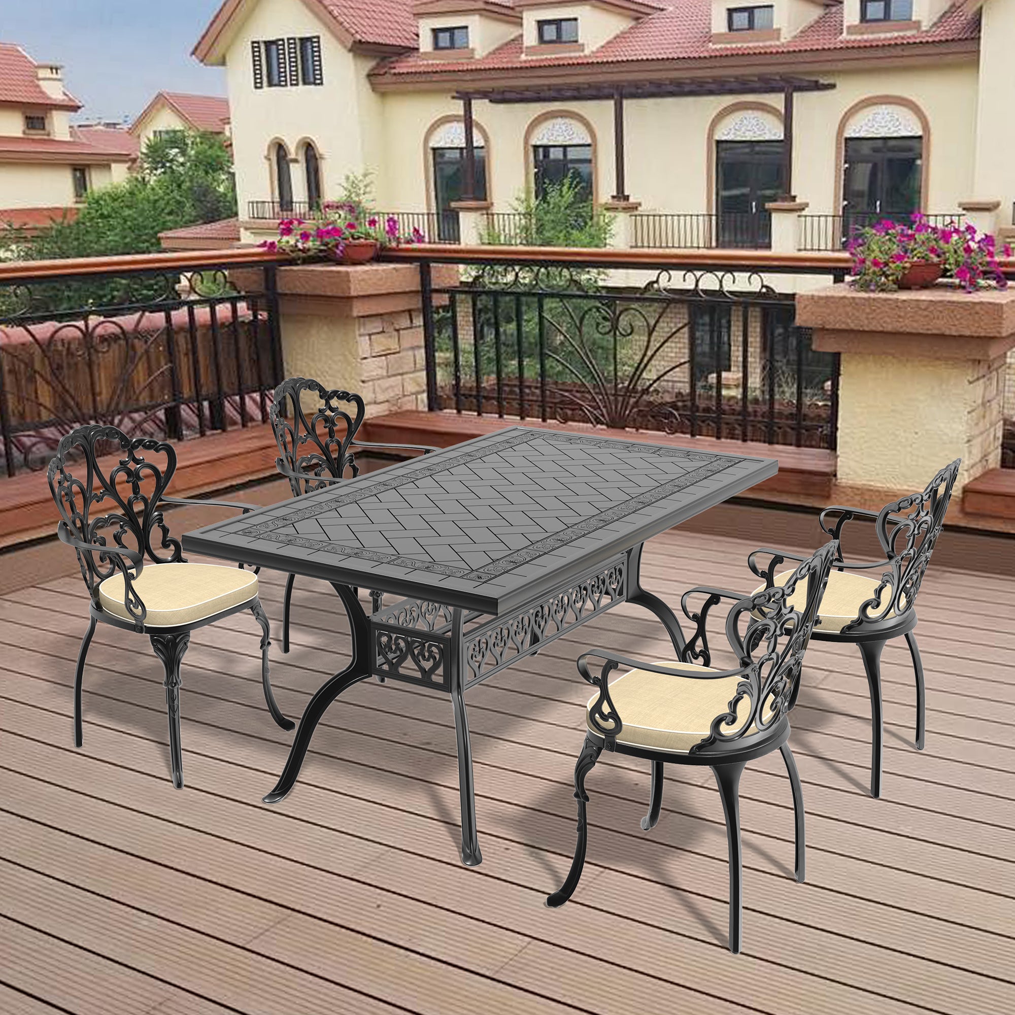 5-Piece Cast Aluminum Patio Furniture Set with Cushions (Random Colors) - Durable Outdoor Seating for Garden, Poolside & Backyard Relaxation