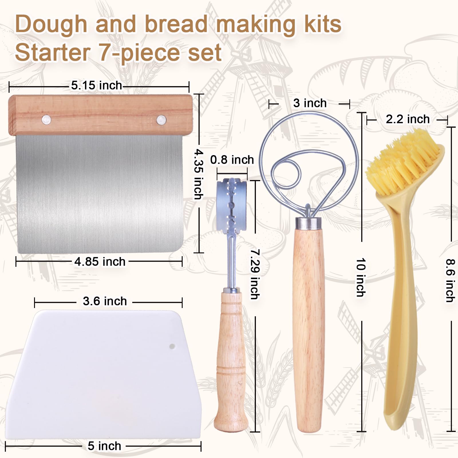 7-Piece Bread Making Kit with Round & Oval Baking Mats, Sourdough Danish Dough Whisk, Bread Lame Scorer & Dough Cutter - Essential Baking Tools for Artisan Bread, Sourdough & Pastries - Perfect Gift for Home Bakers & Bread Enthusiasts (Great for Holiday Baking & Kitchen Gifts)