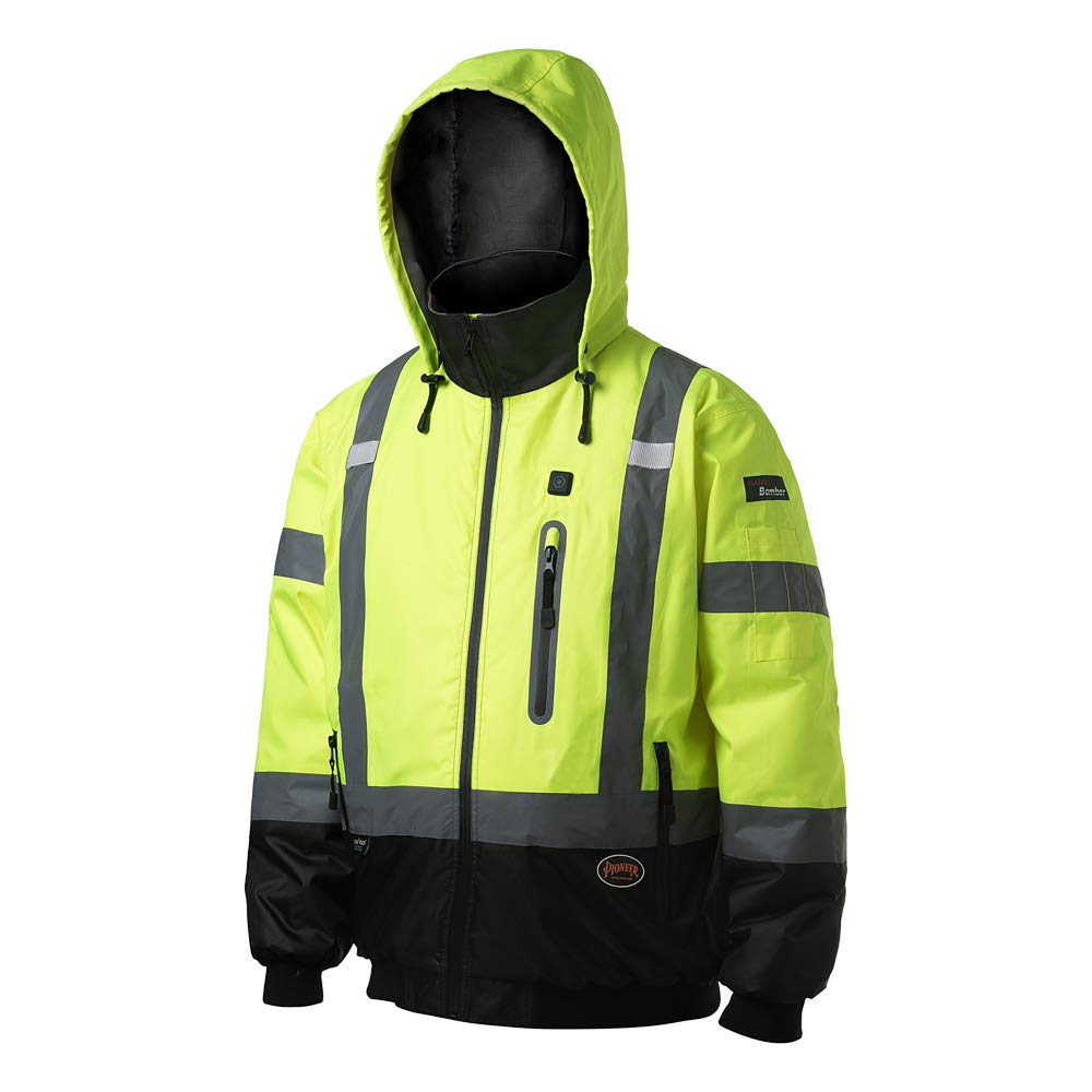Pioneer Class 3 Hi-Vis Waterproof Heated Safety Jacket for Men - Winter Reflective Bomber Jacket with Detachable Hood - Ideal for Construction, Road Work & Outdoor Winter Activities