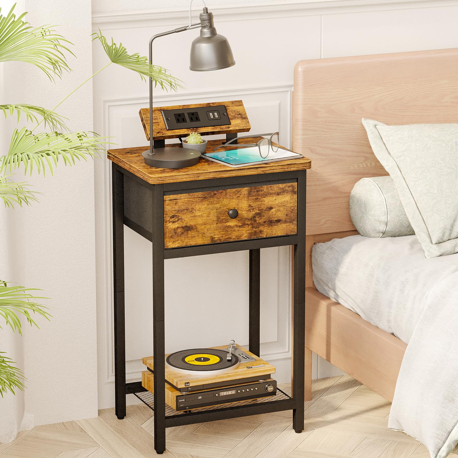 Fixwal Nightstand Set of 2 with Charging Station - USB Ports & Outlets, Rustic Brown Bedside End Tables with Fabric Drawer for Bedroom - Perfect for Small Spaces, Apartment Living & Guest Rooms
