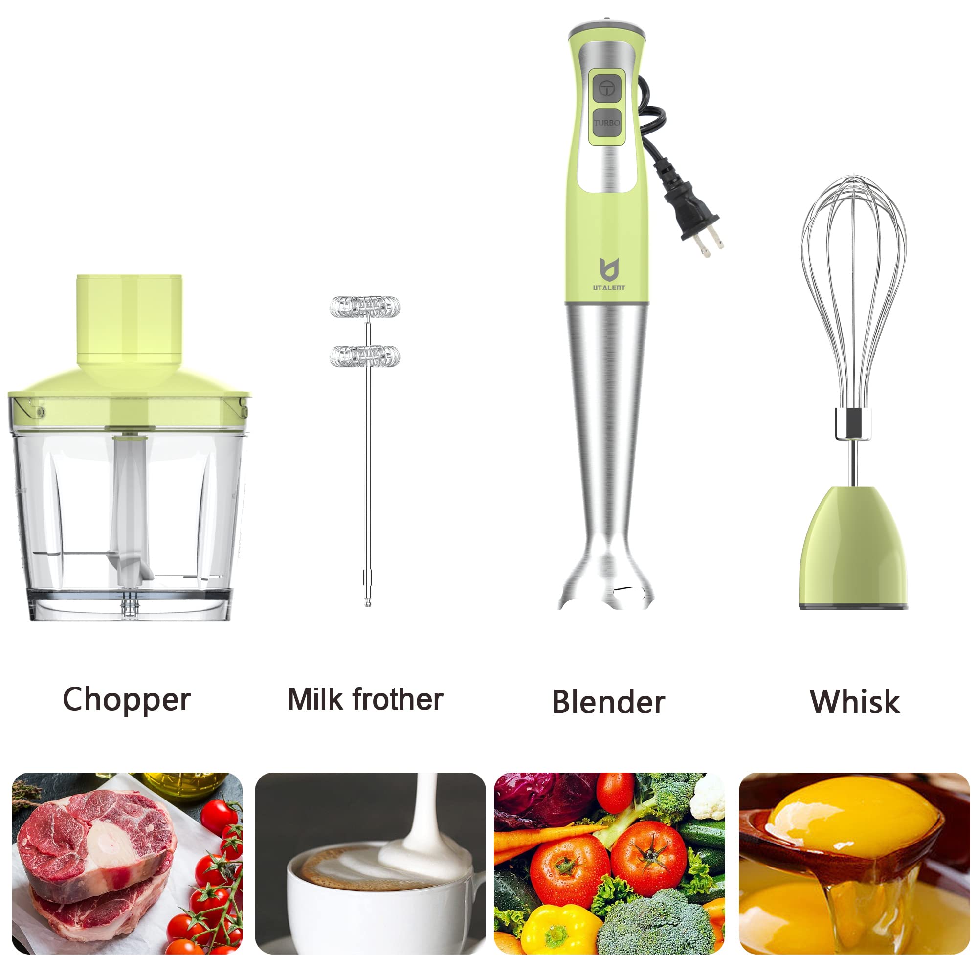 UTALENT 5-in-1 Immersion Hand Blender with 8 Speed Settings | 500ml BPA-Free Food Grinder & 600ml Container | Includes Milk Frother & Egg Whisk | Perfect for Pureeing Baby Food, Making Smoothies, Sauces & Soups | Ideal for Kitchen, Baby Care & Healthy Cooking - Green