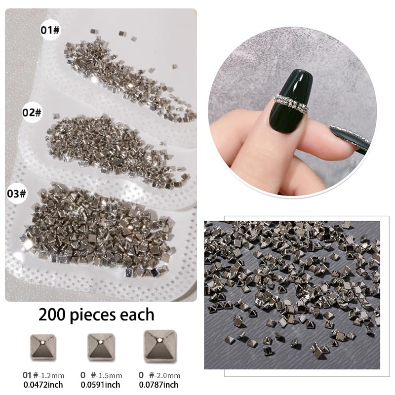 Silver Square Spire Nail Charms - 600pcs Alloy Rivets for Acrylic Nails - Punk Style Nail Art for Women (3 Sizes) - Perfect for DIY & Salon Use