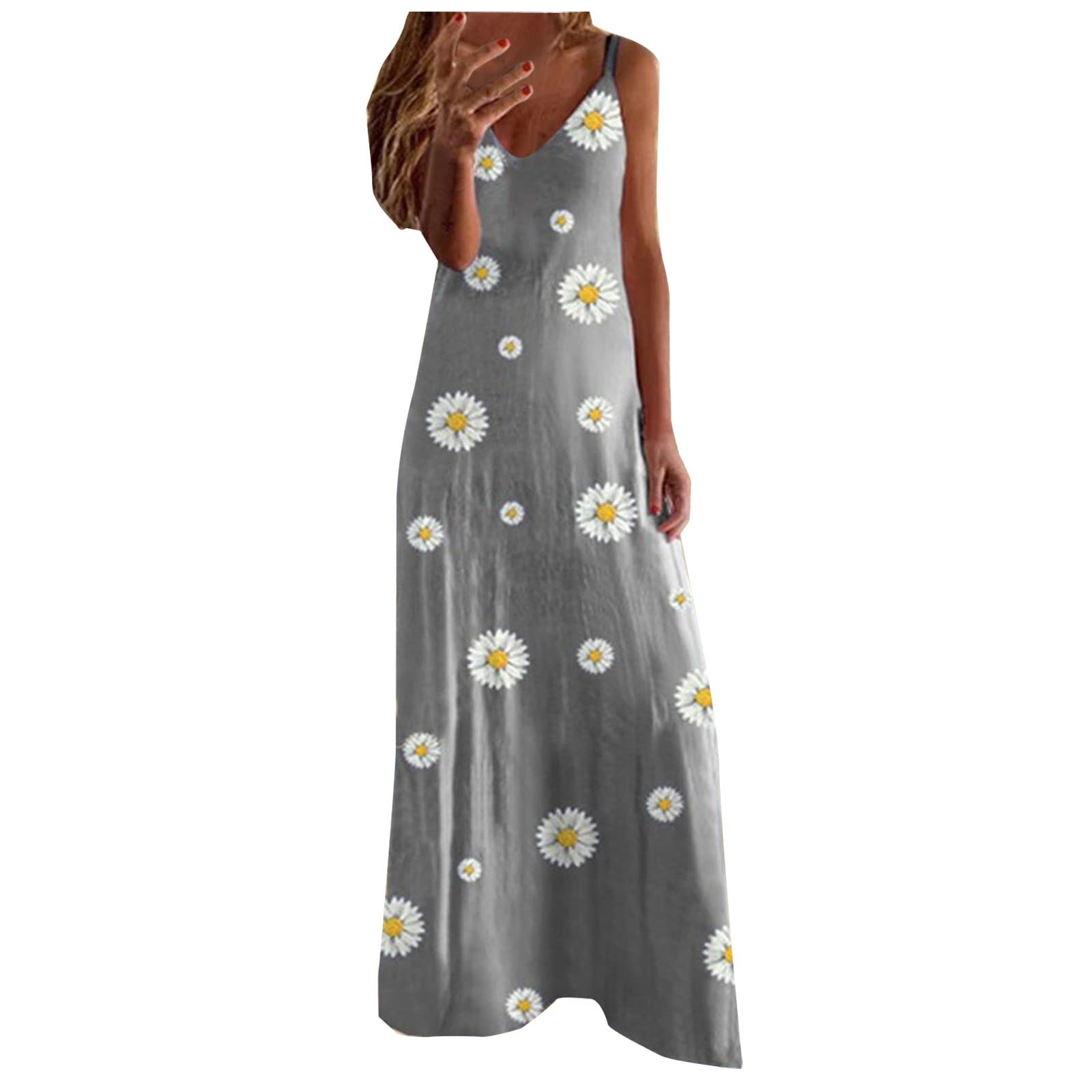 Huneny Women's Summer Floral Printed Suspenders Dress - Casual Off Shoulder Crew Neck Loose Maxi Dress for Beach, Vacation & Outdoor Activities