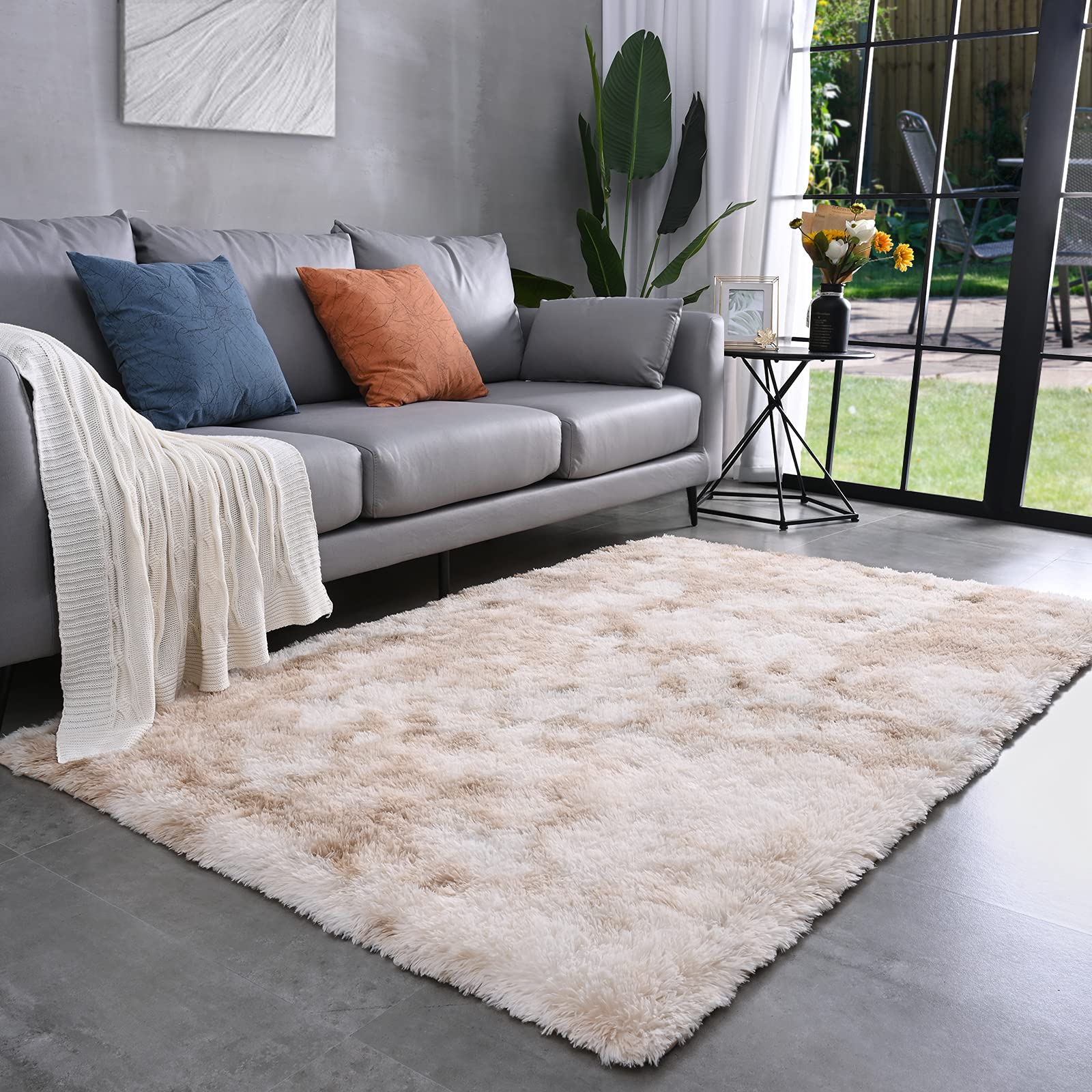 Astorug Fluffy Shaggy Area Rug - Soft Tie-Dyed Tan Non-Slip Carpet for Bedroom, Living Room, Nursery & Kids Room - 4x5.3 Feet Fuzzy Home Decor Rug - Perfect for Cozy Floor Comfort & Stylish Interior Design