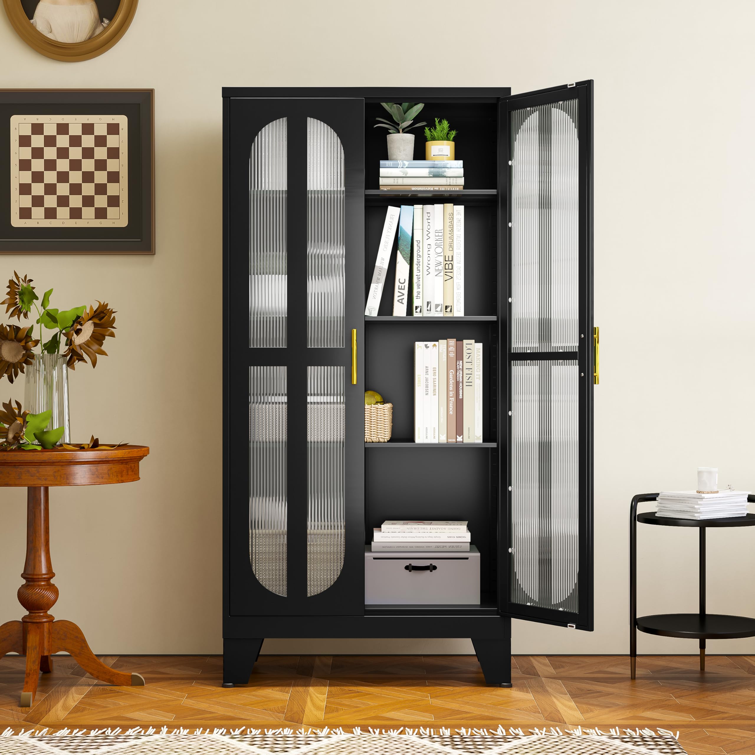 Metal Storage Cabinet with 2 Cross Door Panels & 3 Adjustable Shelves - Kitchen Pantry Organizer for Living Room, Office, Laundry, Dining Room or Outdoor Use - Black (Perfect for Home Organization & Space Saving)