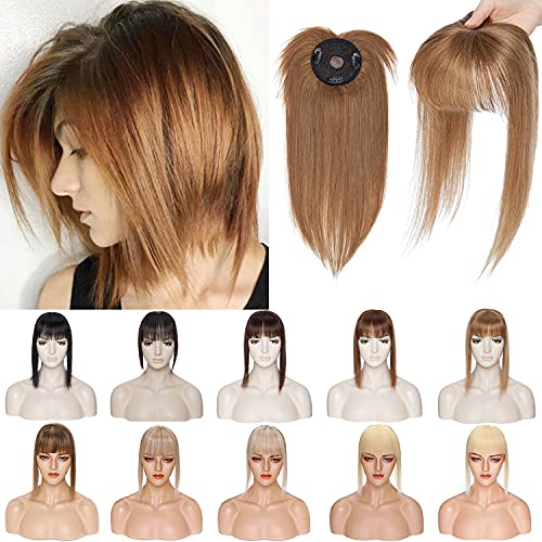 S-noilite 150% Density Human Hair Toppers with Bangs - Mono Base Clip-in Hairpiece for Women with Thinning Hair, Gray Hair or Hair Loss - 14 Inch 38g Light Brown - Perfect for Daily Wear, Parties & Special Occasions