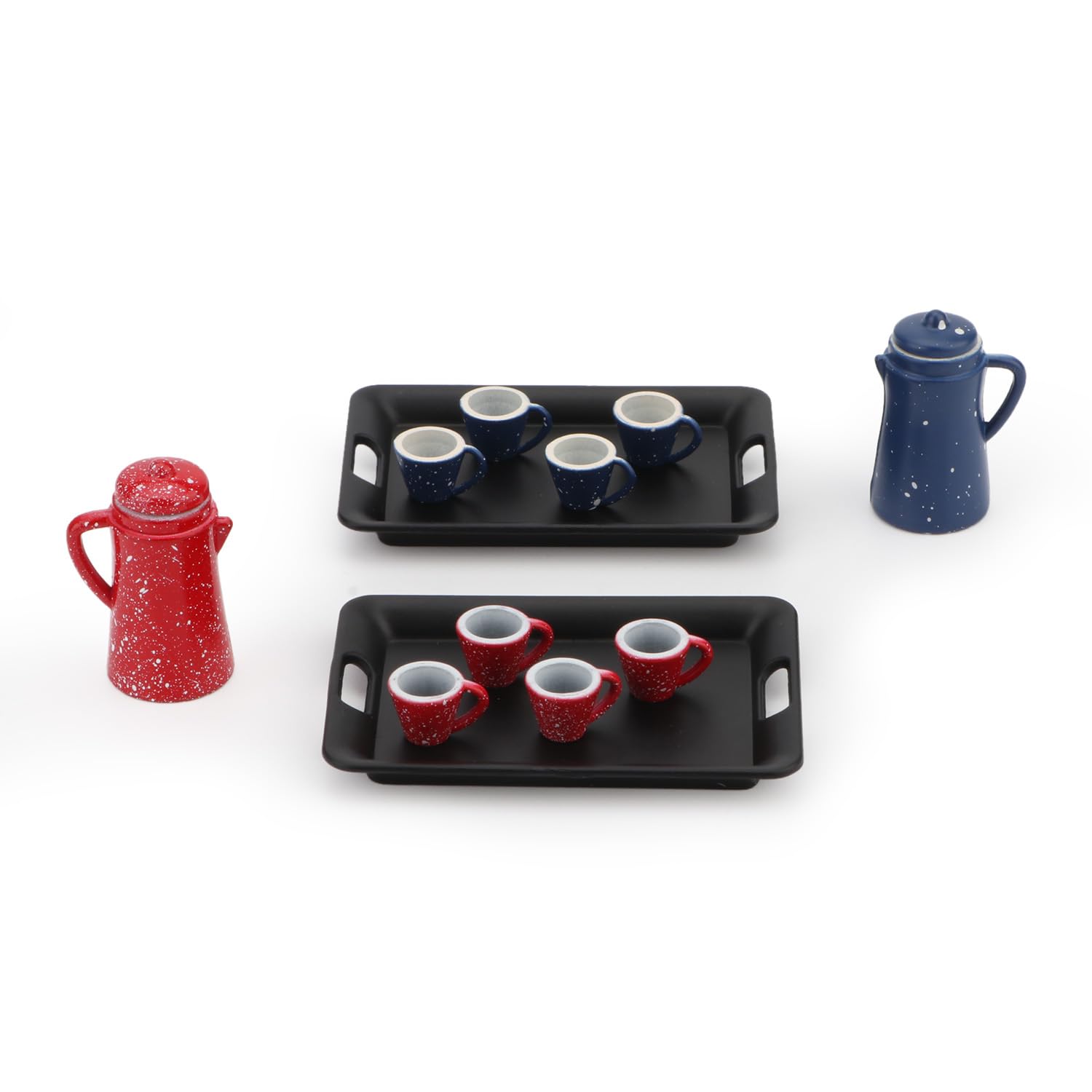1:12 Scale Miniature Spotted Coffee Pot Set with 4 Cups & Tray - Japanese Style Dollhouse Kitchen Accessories for Dollhouse Decor & Tea Party Scenes (Red)