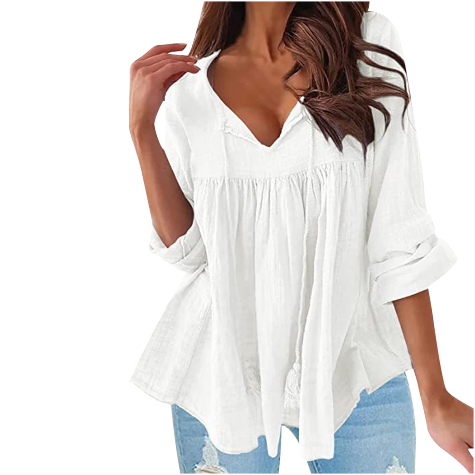 Women's Summer Cotton Linen Blouse - Long Sleeve V-Neck Lace-Up Casual Shirt - Oversized Solid Color Tops for Women - Perfect for Beach, Vacation & Everyday Wear