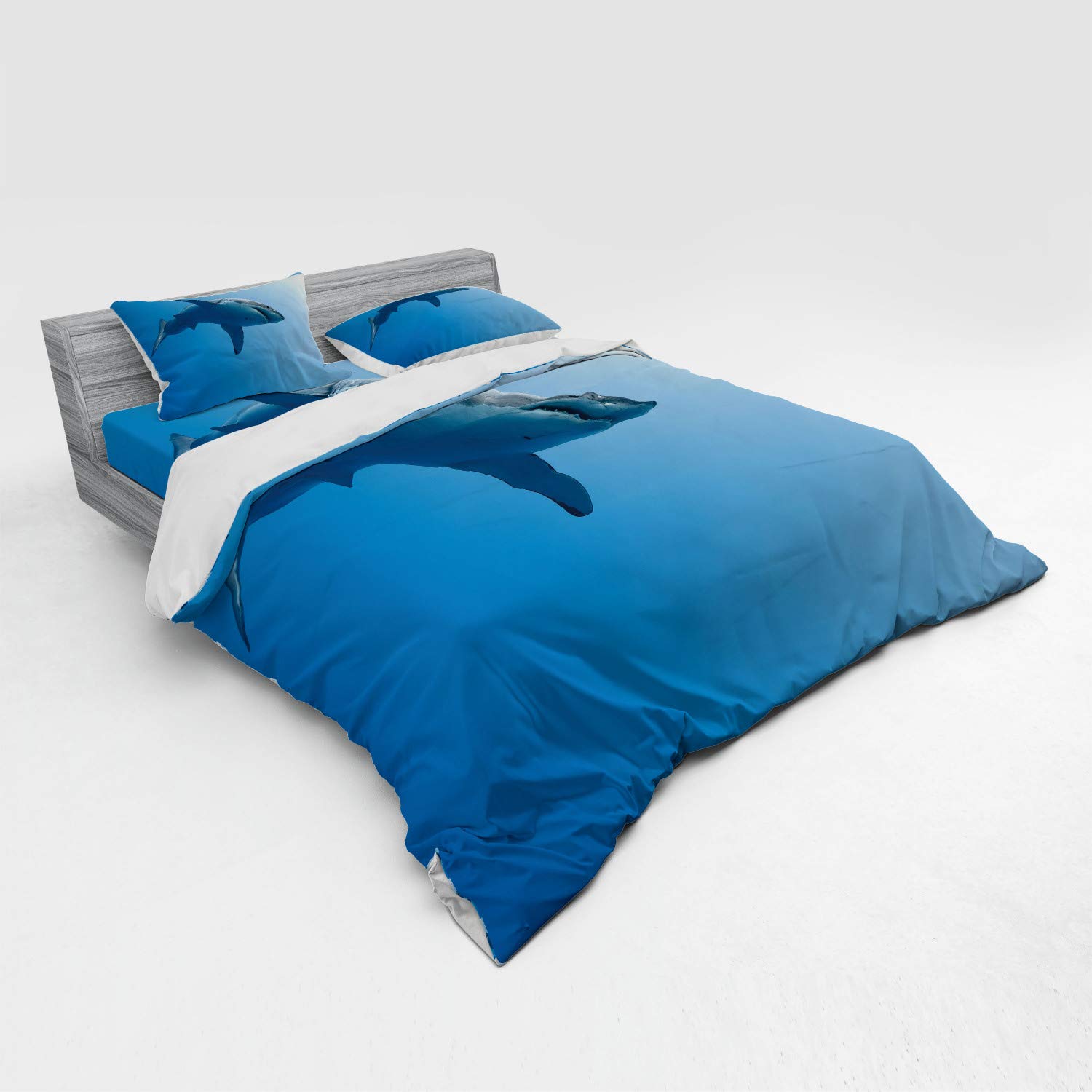 Ambesonne Shark Duvet Cover Set King Size - 4 Piece Ocean Underwater Theme Bedding with Shams & Fitted Sheet, Pale Blue Tropical Fish Print - Perfect for Kids' Rooms, Beach House Decor & Shark Lovers